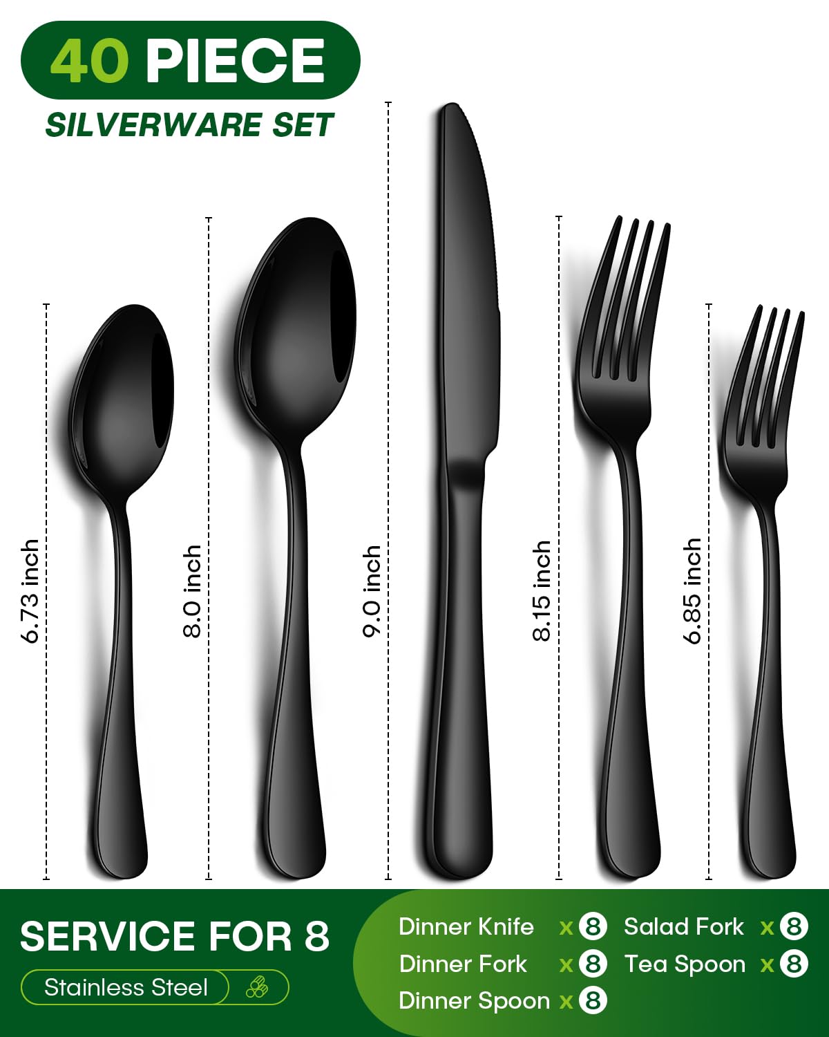 PHILIPALA 40 Piece Black Silverware Set, Stainless Steel Flatware Set for 8 Food Grade Cutlery Utensil Set Include Knife Fork Spoon Mirror Polished Dishwasher Safe