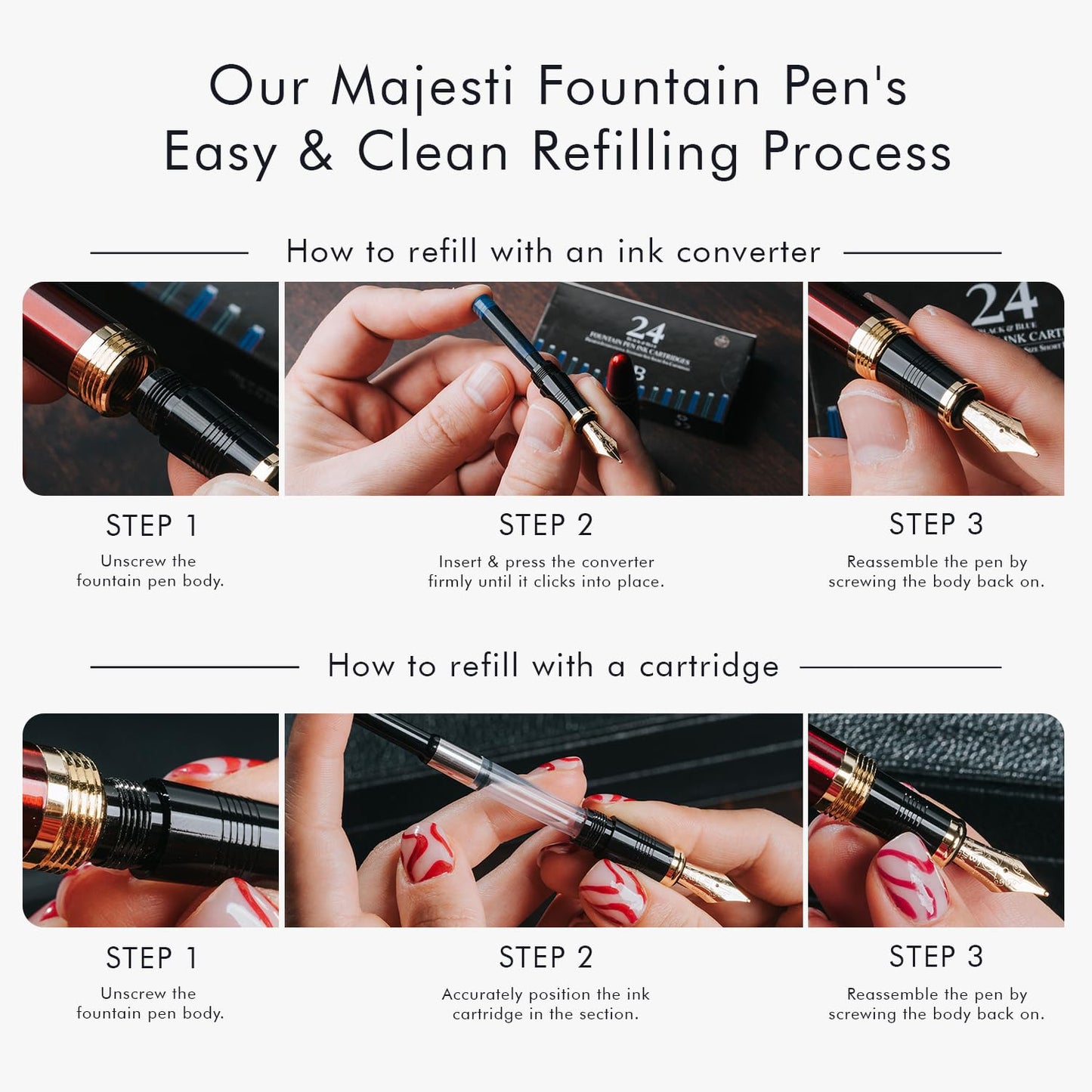 Wordsworth & Black Majesti Fountain Pen - (Checked), Luxury Case, Chrome Finish, Iridium Medium Nib - 24 Ink Cartridges, Refillable Ink Converter-Calligraphy Pen-Best Business Gift Set for Men & Women