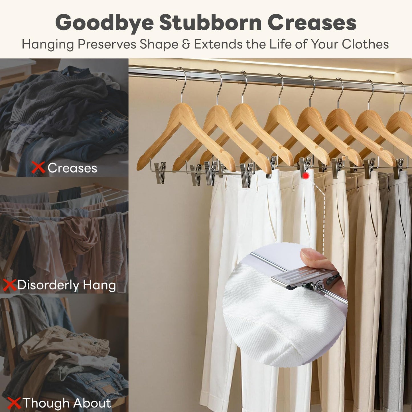 HOUSE DAY 12 Pack High-Grade Wooden Suit Hangers Skirt Hangers with Clips Solid Wood Pants Hanger Natural Smooth Finish Premium Wood Hanger with Durable Metal Clips for Blouse, Dress, Coat, Jacket