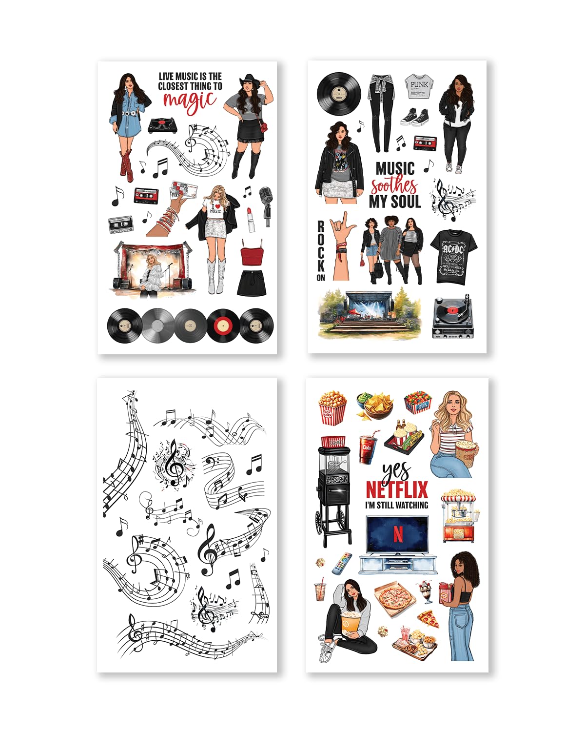 Rongrong My Favorite Things Planner Sticker Book – Stickers for Planners, Journals & Scrapbooks – 24 Pages – Inspired by Music Lovers & Movie Night Vibes