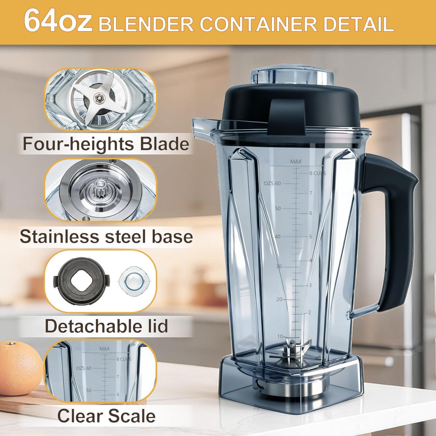 Blender Pitcher 64oz Replacement Container Compatible with Vitamix 5200, 5300, 6300, 7500, E310, VM0197, VM0101, VM0100, VM0103 Classic & Explorian Series 5-Year Warranty