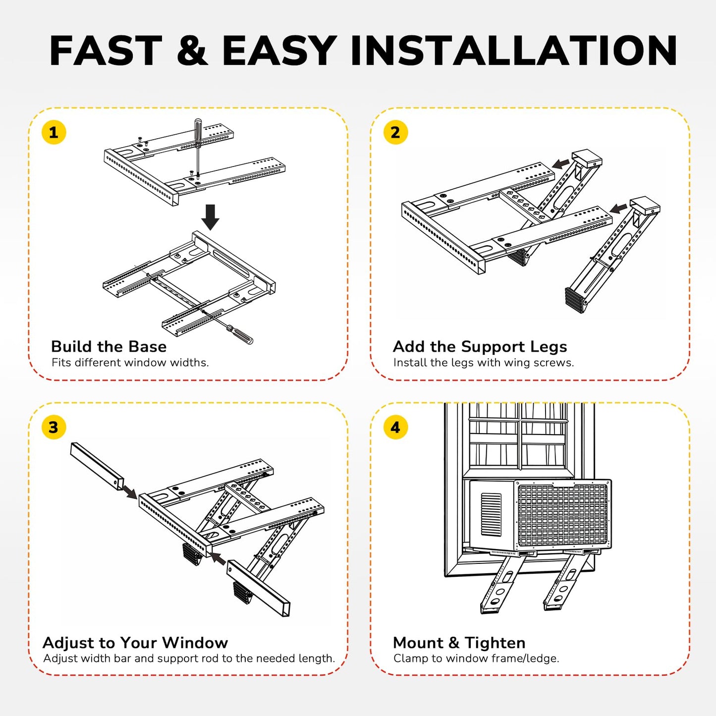KAINGA Window Air Conditioner Support Bracket No Drilling, No Tools, Window AC Bracket, Adjustable Wall Mount, Quick Install, Up to 220lbs, Fit Single & Double-Hung Windows