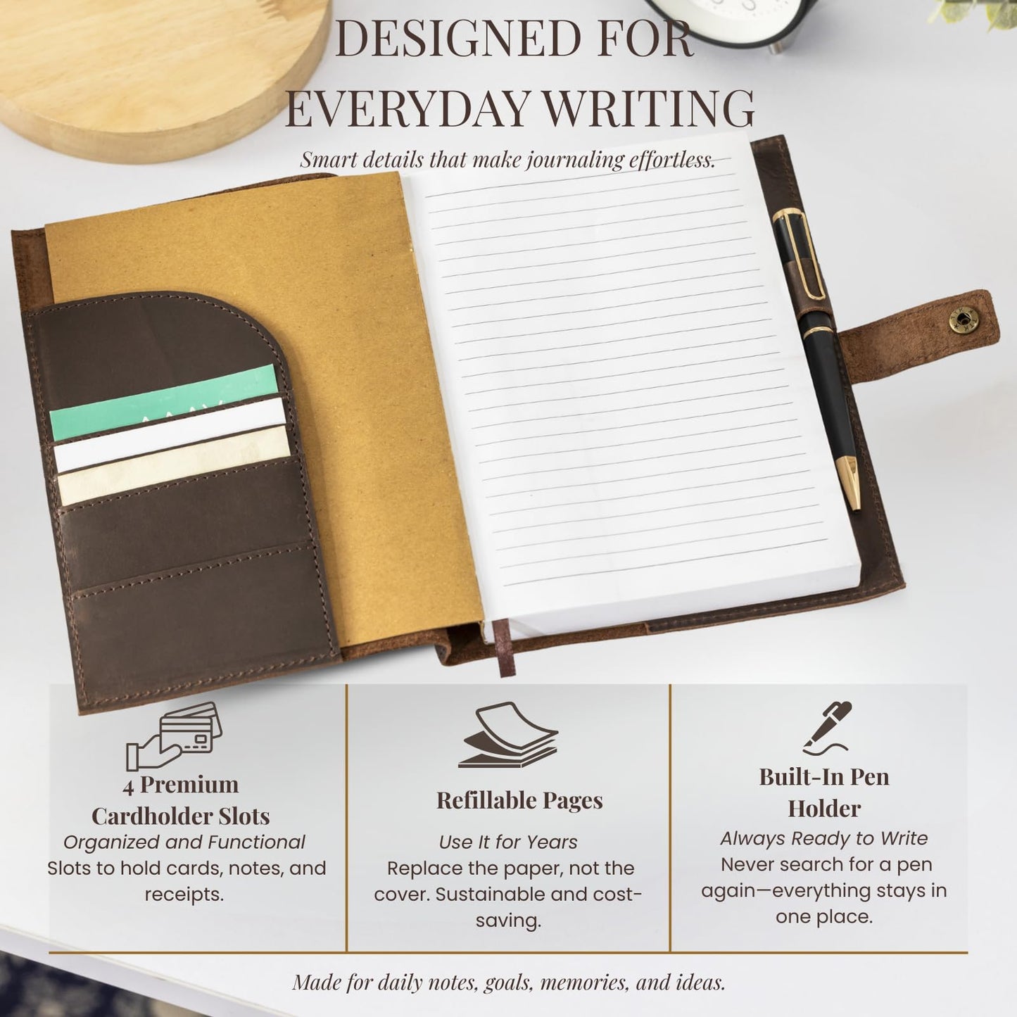 A5 Refillable Leather Journal for Men and Women with Pen, Leather Notebook, Bound Cover, Premium Writing Diary