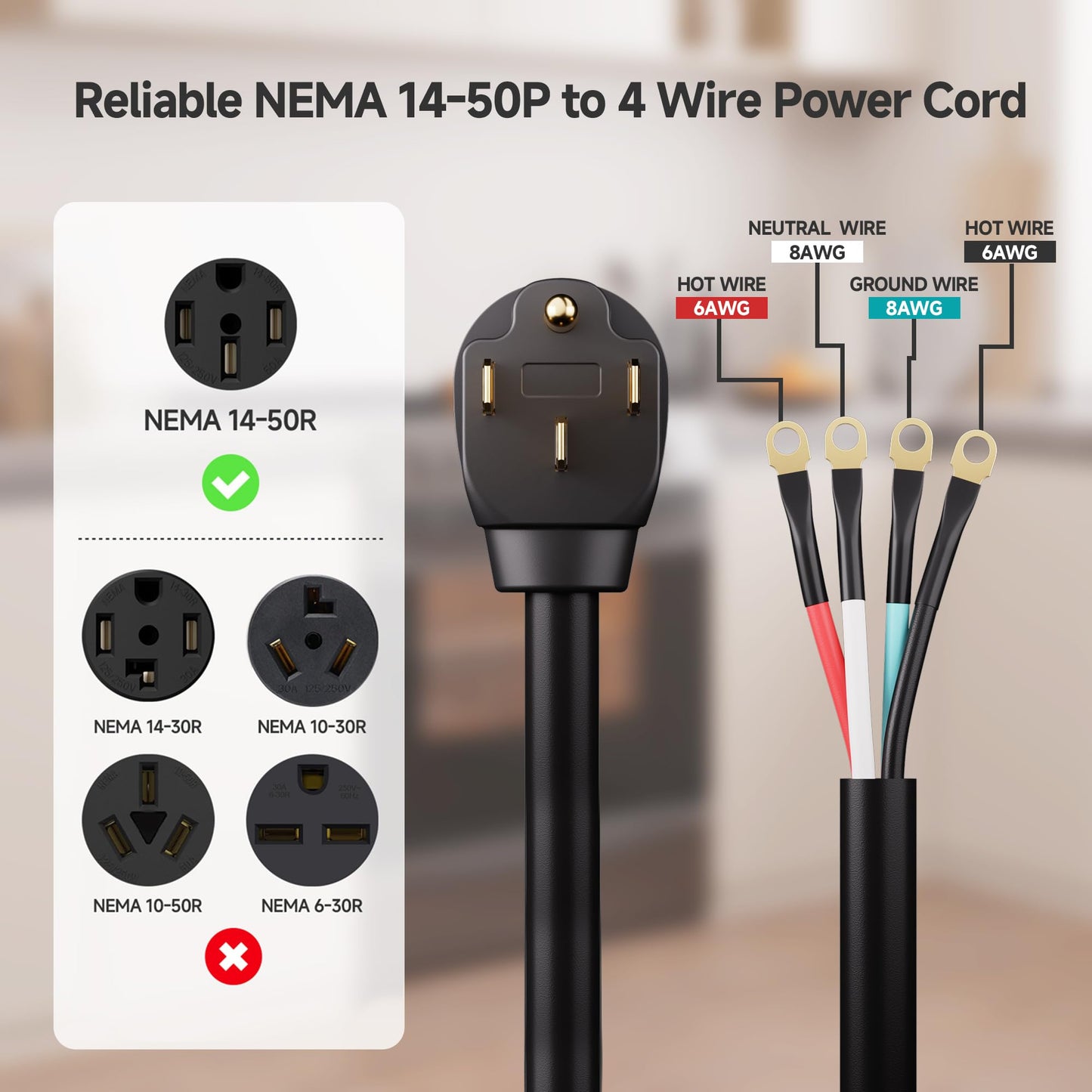 Cable Matters 4 Prong to 4 Wire Range Cord - 10ft, Heavy Duty 6/8 AWG, 50 Amp Cord, Compatible with Tesla Plug/EV Plug / J1772 Connector (NEMA 14-50P to 4-Wire)