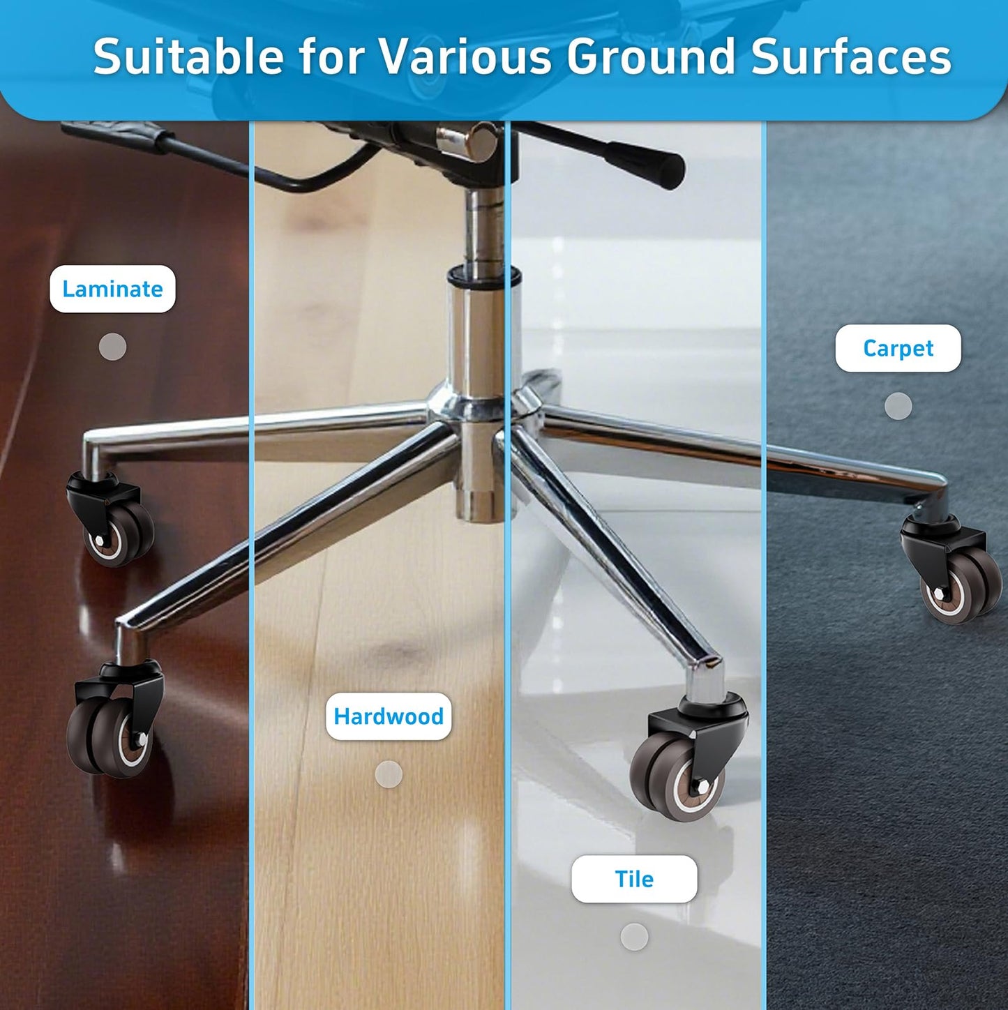 ASHGOOB 2 Inch Low Profile Office Chair Casters 650 lbs, Dual-Wheel TPR Rubber Wheels with Electrophoretic Coating Steel Bracket, Silent Non-Scratching for Hardwood Floors, Set of 15 (Grey)