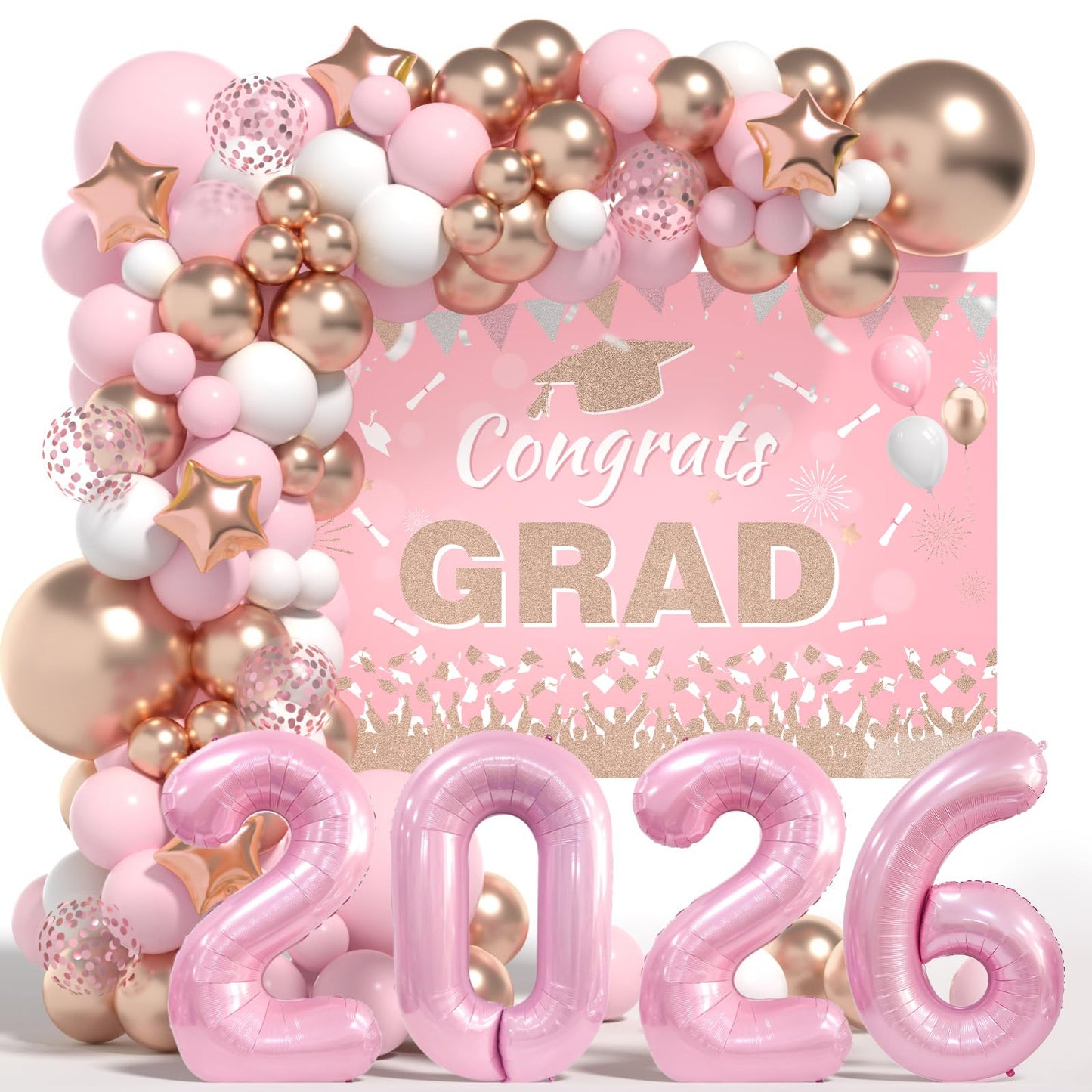 Graduation Decorations Class of 2026: Pink and Gold Graduation Balloons Arch Kit 2026 Grad Party Decorartion with Congrats Grad Backdrop Party Supplies for High School & College Celebrations