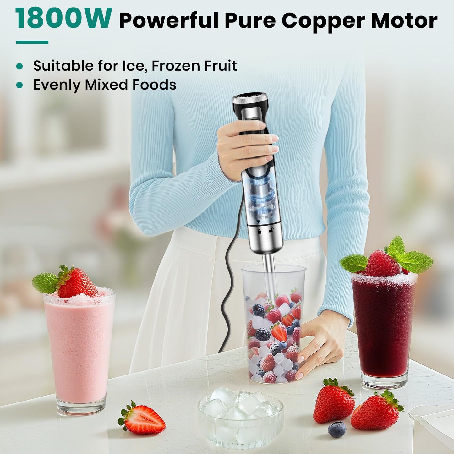 Colarlemo 1800W Immersion Blender Handheld 4-in-1 Hand Blender Stick for Ice Crushing Smoothie, Baby Food, Soup, 8 Speed Hand Mixer Turbo Boost Stainless Steel Blade with Whisk, Chopper, Beaker