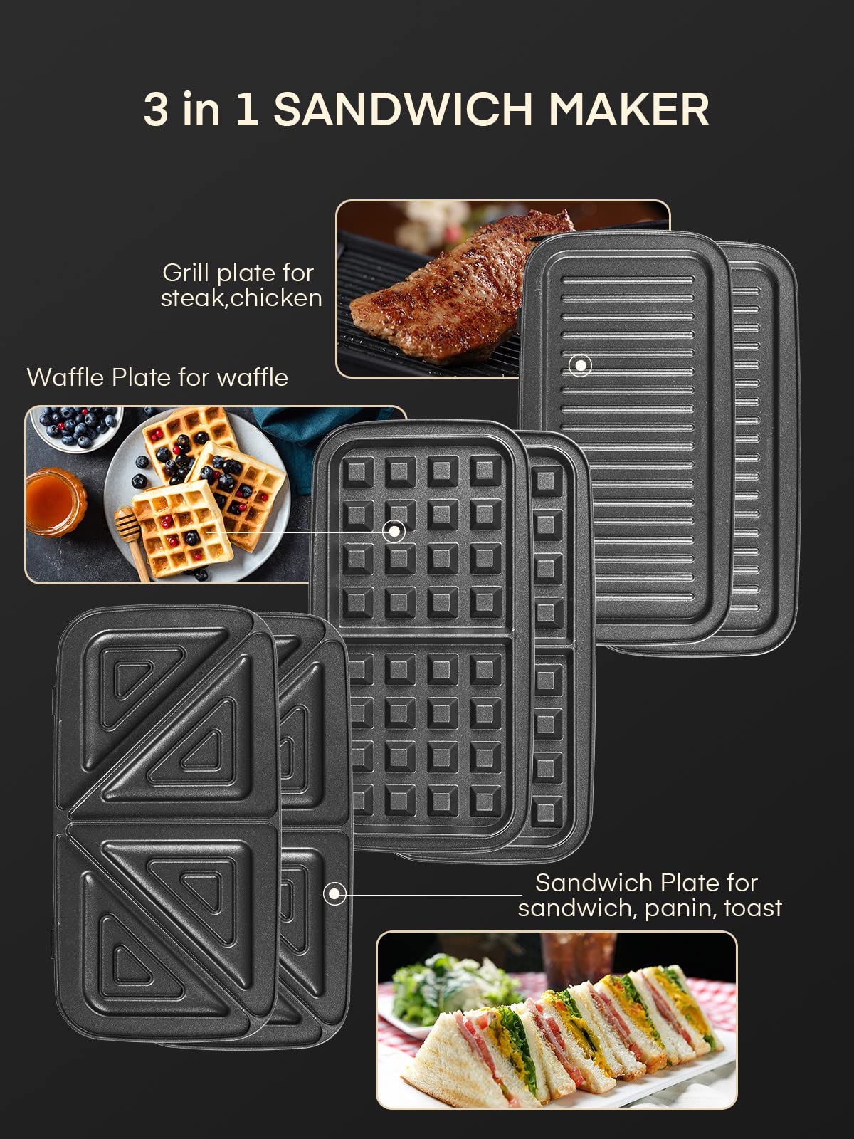 FOHERE 3-in-1 Sandwich Maker, 1200W Waffle Maker & Panini Press Grill, 3 Removable Non-stick Plates, 5-Gear Temp Control, Grilled Cheese Maker, Quick Breakfast, LED Indicators, Stainless Steel/Black