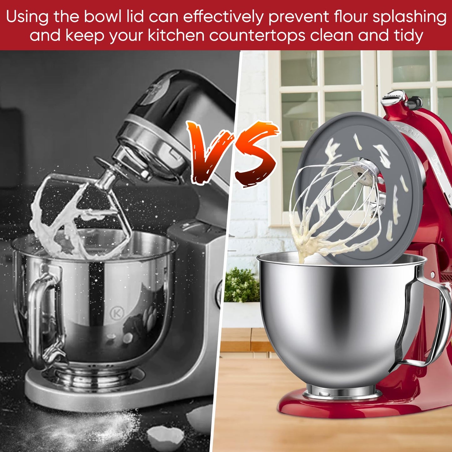 Kltchonald Mixer 4.5/5 Quart Stainless Steel Bowl with 2 Grey Lid,Prevent Dry and Wet Ingredients Splash-Outs Cover and Bread Baking lid,Compatible with Kitchenaid Artisan&Classic Series,Silver,3 Pcs