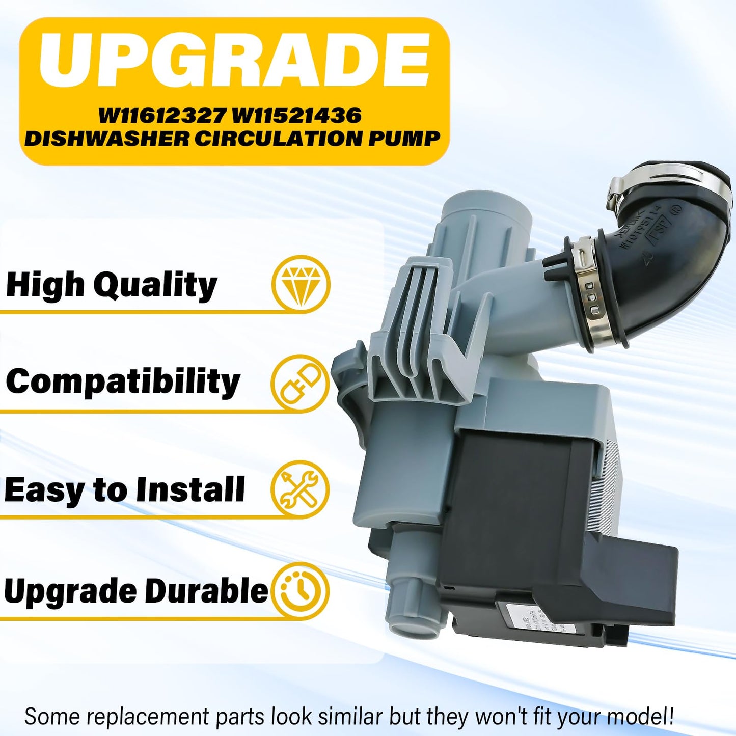 W11612327 Dishwasher Circulation Pump Motor Compatible with Whirlpool WDT730PAHZ0 WDT975SAHZ0 WDP730HAMZ0 WDTA75SAHZ0 Compatible with Maytag MDTS4224PZ0, Replacement part W11521436 W11024423 W10805387