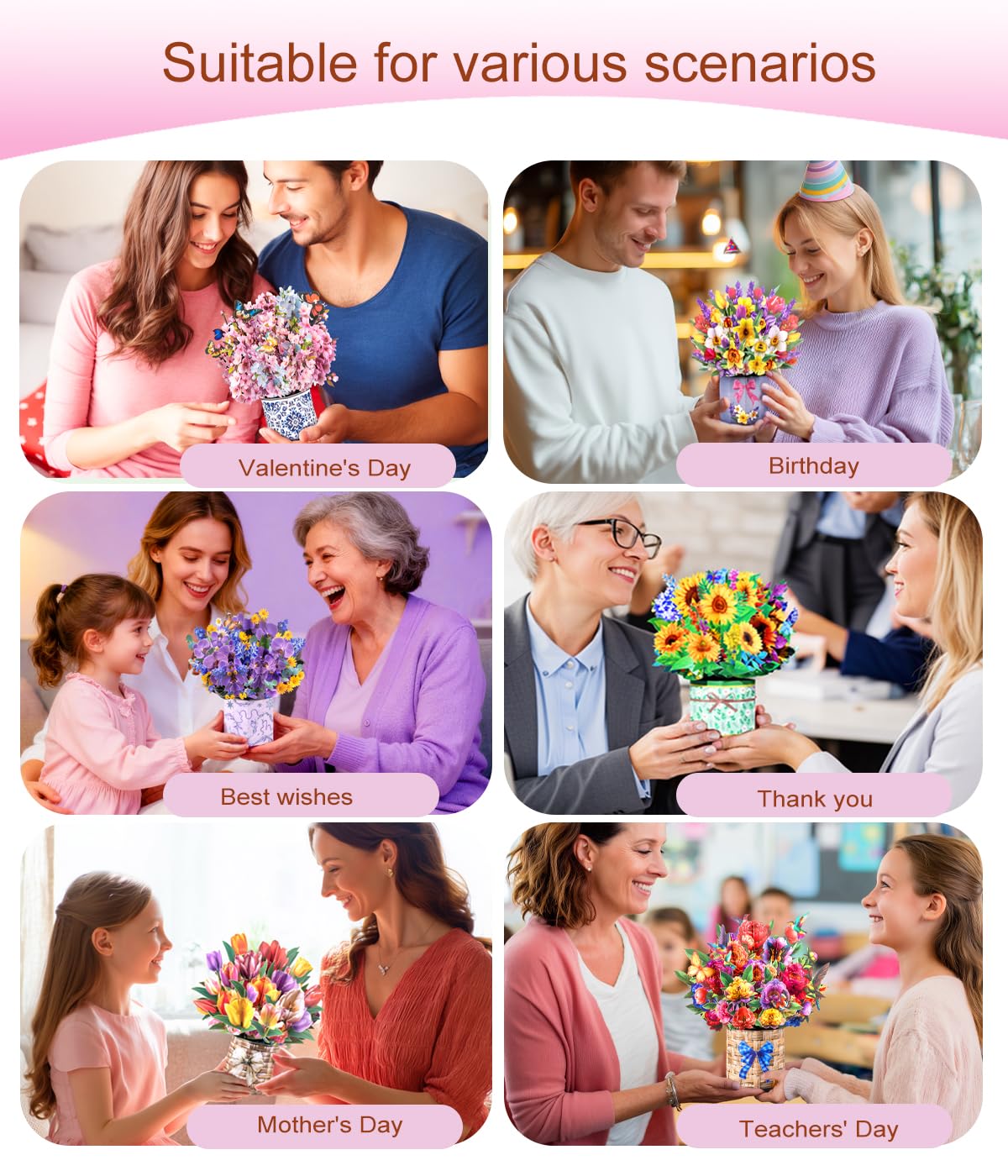 Magic Ants 8 Pack 3D Pop Up Flower Bouquet Cards Assortment – Beautiful Spring Floral Greeting Cards with Envelopes and Black Notes –for Birthday, Mother's Day, Thank You, Get Well