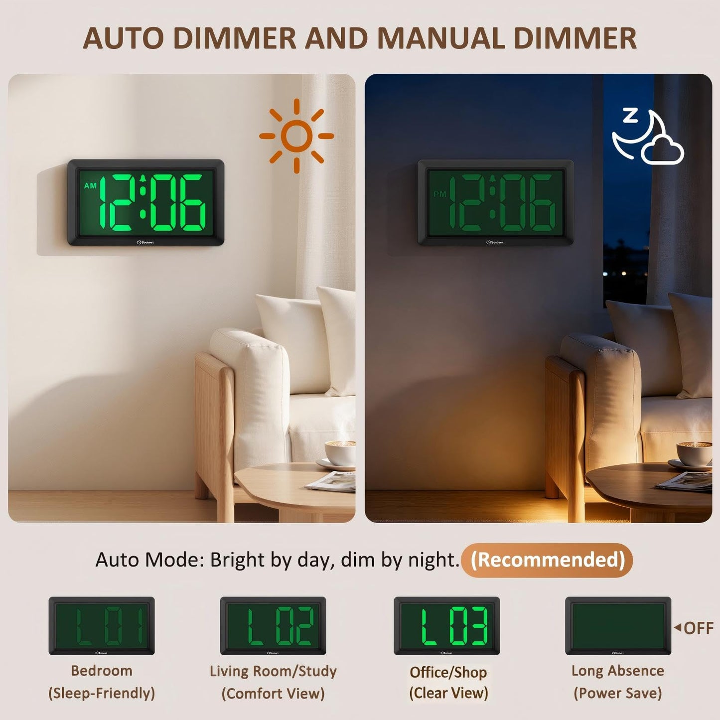 Soobest 9.5 Inch Large Digital Wall Clock Battery Operated, Auto & Manual Dimmer Display, Easy to Read Big Digits with Alarm for Seniors, Modern Decor for Living Room, Bedroom, Office (3.2" Numbers)