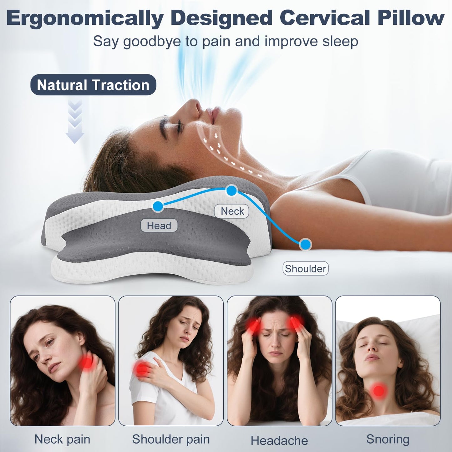 Sleep Apnea Pillow, Ergo Pillow for Sleep Apnea, Cervical Neck Pillow for Neck Pain Relief, Sleeping, and Snoring Relief, Orthopedic Therapy Memory Foam Contour Cooling Pillow for Side, Back