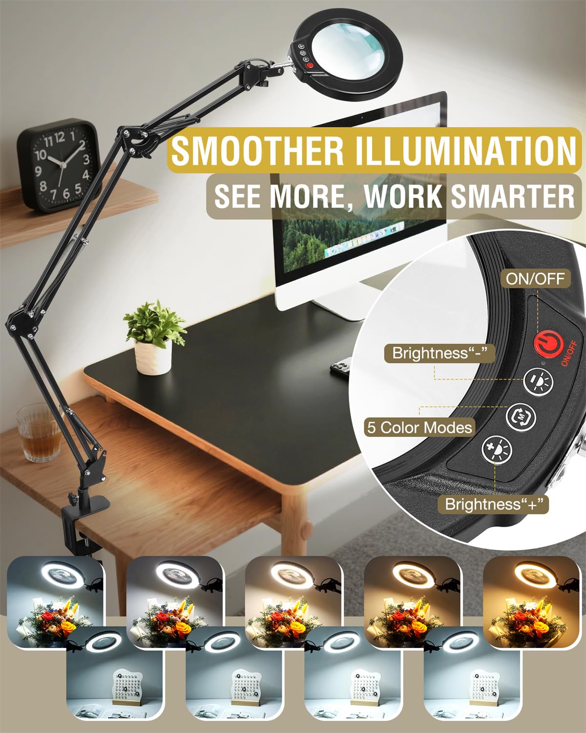12X Magnifying Glass with Light and Clamp, Ultra Long 3 Section Swing Arm LED Desk Lamp, Real Glass Lens, 5 Color Modes Dimmable, Hands Free Lighted Magnifier with Stand for Repair Craft Close Work