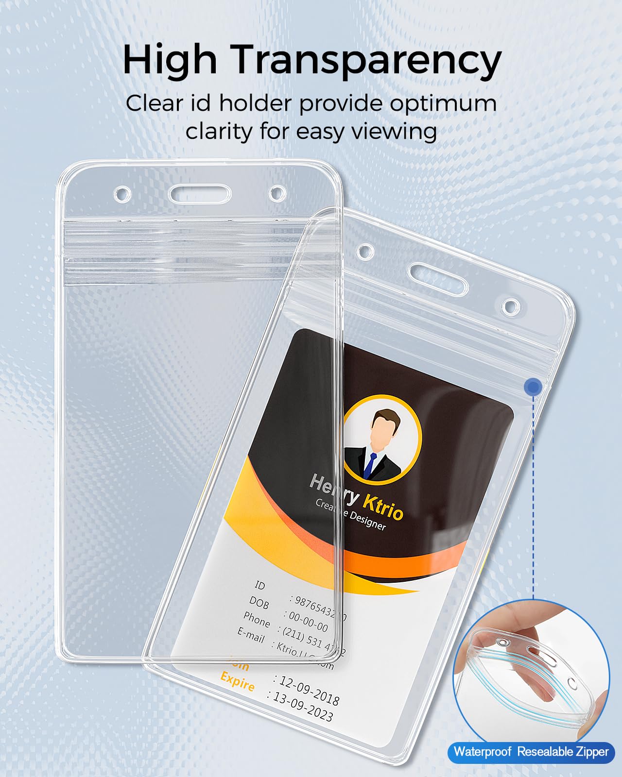 KTRIO 200 Pack Clear Vertical ID Badge Holder with Resealable Zip, Waterproof Card Holder for ID Cards, RFID Cards, Proximity Cards and Credit Cards