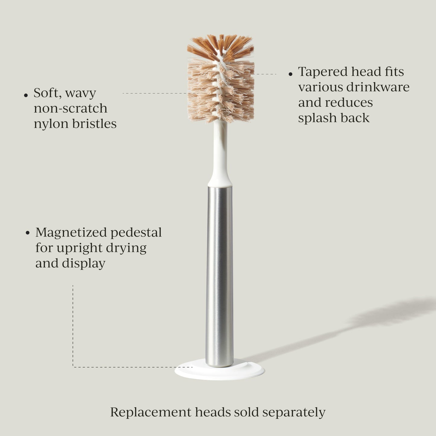 Curio Home Goods Ionic Bottle Brush, Magnetized to Stand Upright, Stainless Steel with Replaceable Head, Silver