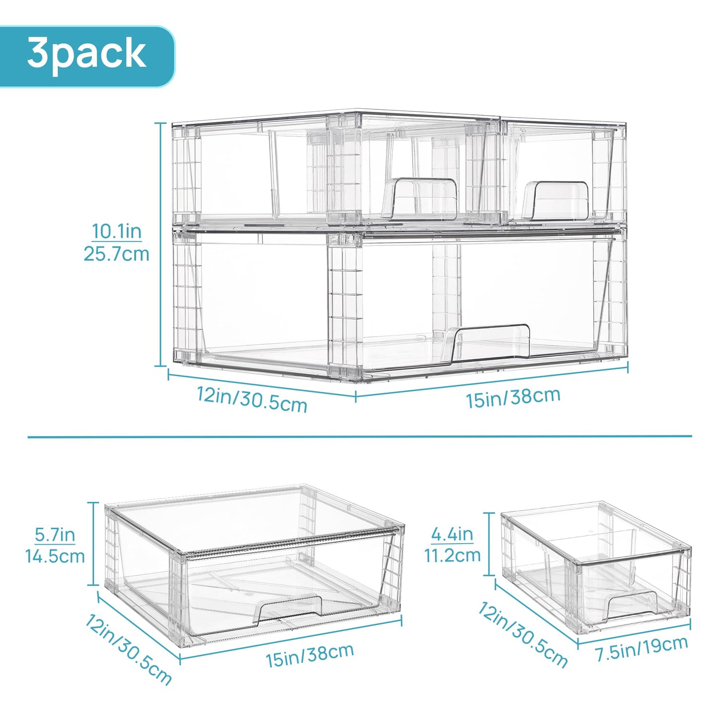 Vtopmart 3 Pack Stackable Storage Drawers, Easily Assemble Acrylic Bathroom Undersink Organizers,Clear Plastic Storage Bins for Closet,Cabinet,Pantry,Medicine Organization