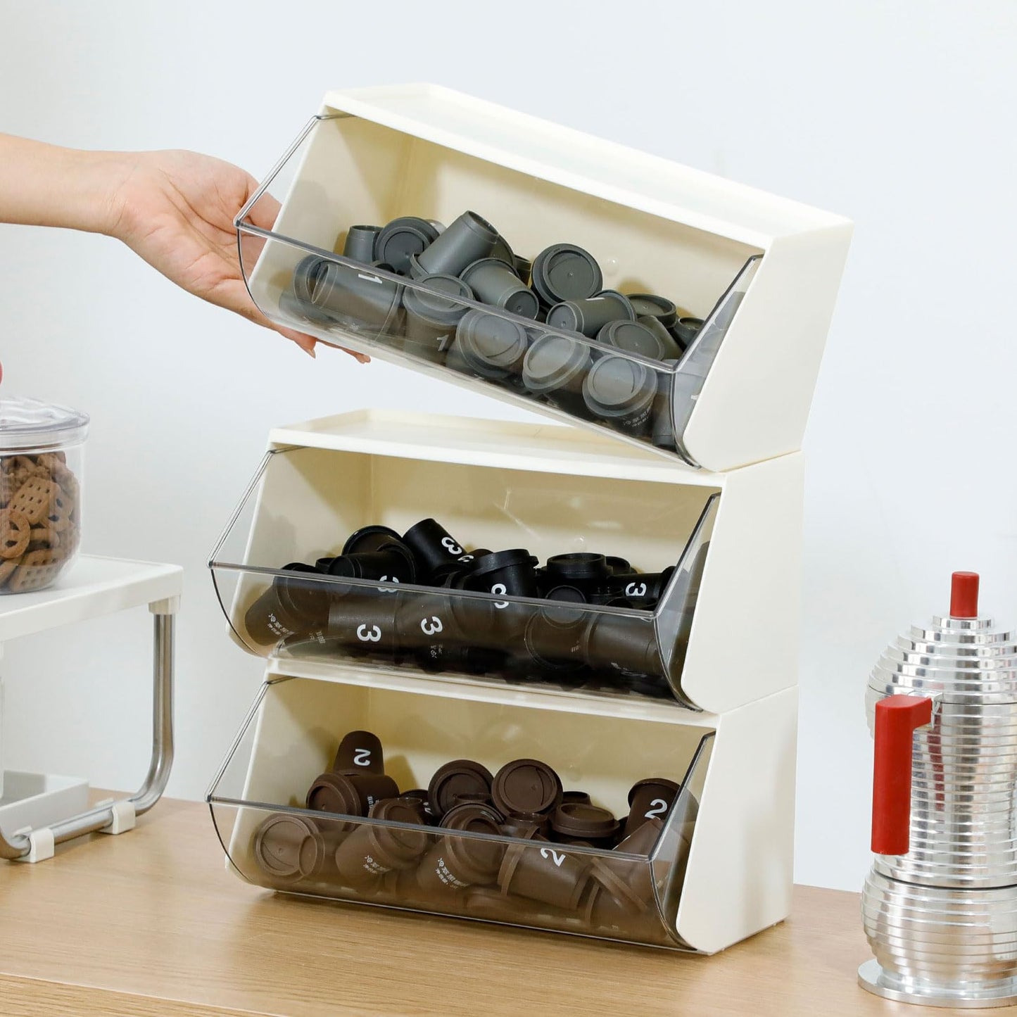 Nineween 3 Pack Coffee Pod Organizer, Plastic Sugar and Creamer Holder for Kitchen Counter, Stackable Tea Bags Storage Basket for Cabinet, Large Desk Accessories and Art Crafts Container