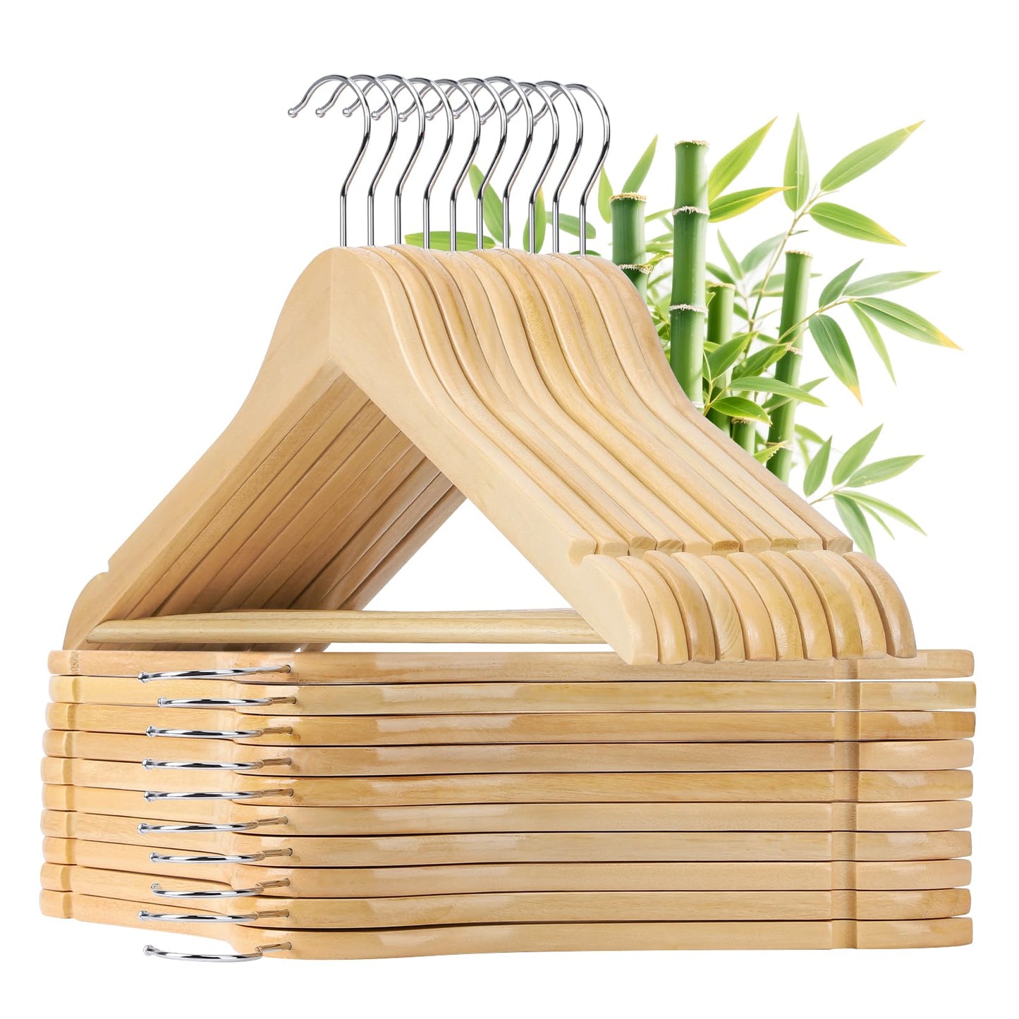 Liyarya 50 Pcs Wooden Hangers, Smooth Finish Wood Hangers with Non-Slip Shoulder Notches, 360° Swivel Hooks, Heavy Duty Clothing Rack for Coats, Suits, Jackets, Shirts - Natural
