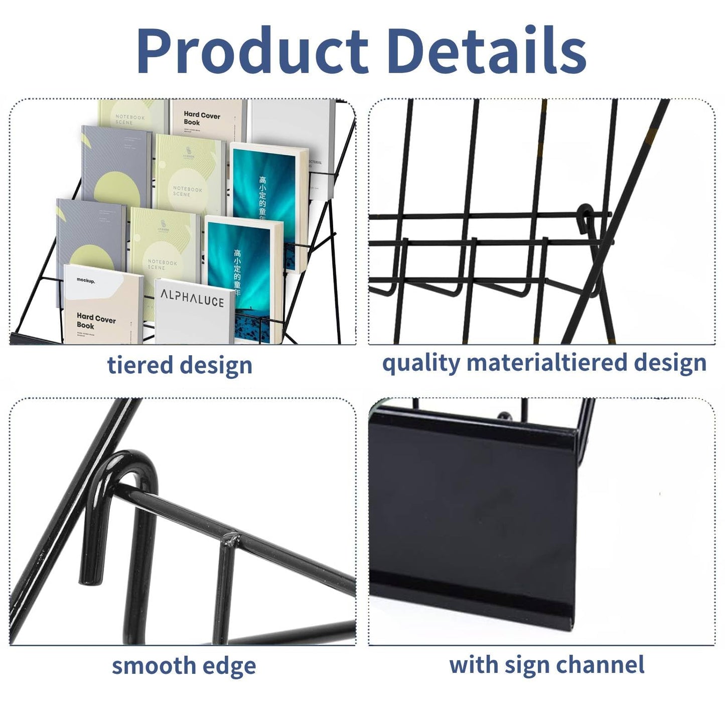 4-Tier Tabletop Book Display Rack, Magazine and CD Holder, 16.14 x 17.95 x 17.24 inches