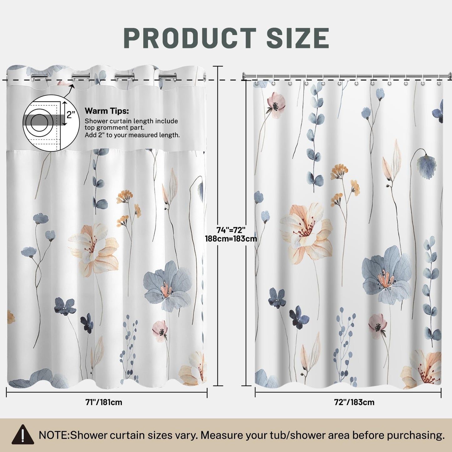 WITHLOC No Hook Shower Curtain with Snap in Liner - Watercolor Floral Shower Curtain - Fabric Waterproof Inner Liner, Plants Blue Beige Flowers White Cloth Shower Curtains Washable, 71 x 74 Inch