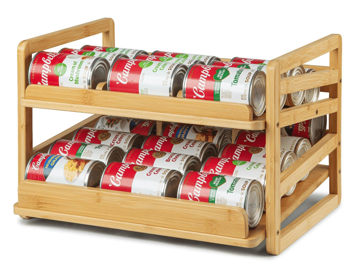 Aclema Bamboo Rolling Can Organizer for Pantry, Stackable 2 Tier Canned Food Organizer Rack for Storage, Kitchen Cabinet, Can Holders Dispensers for Pantry Up To 27 Cans