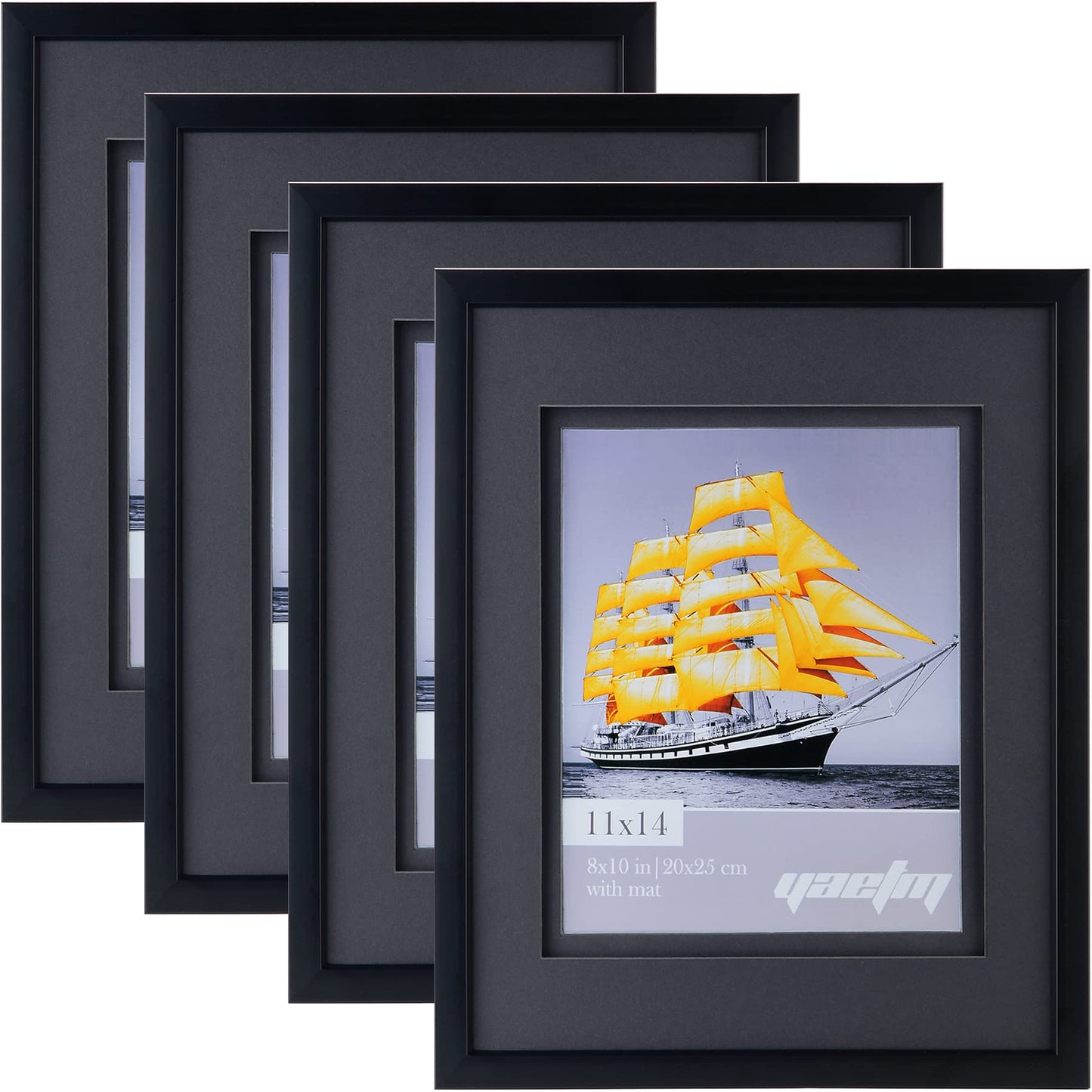 Yaetm 11x14 Double Floating Mat Picture Frame Set of 4, Display Picture 8x10 with Black Double Mat, Polished High Definition Tempered Glass, Wall Mounting Photo Frames, Black/Black