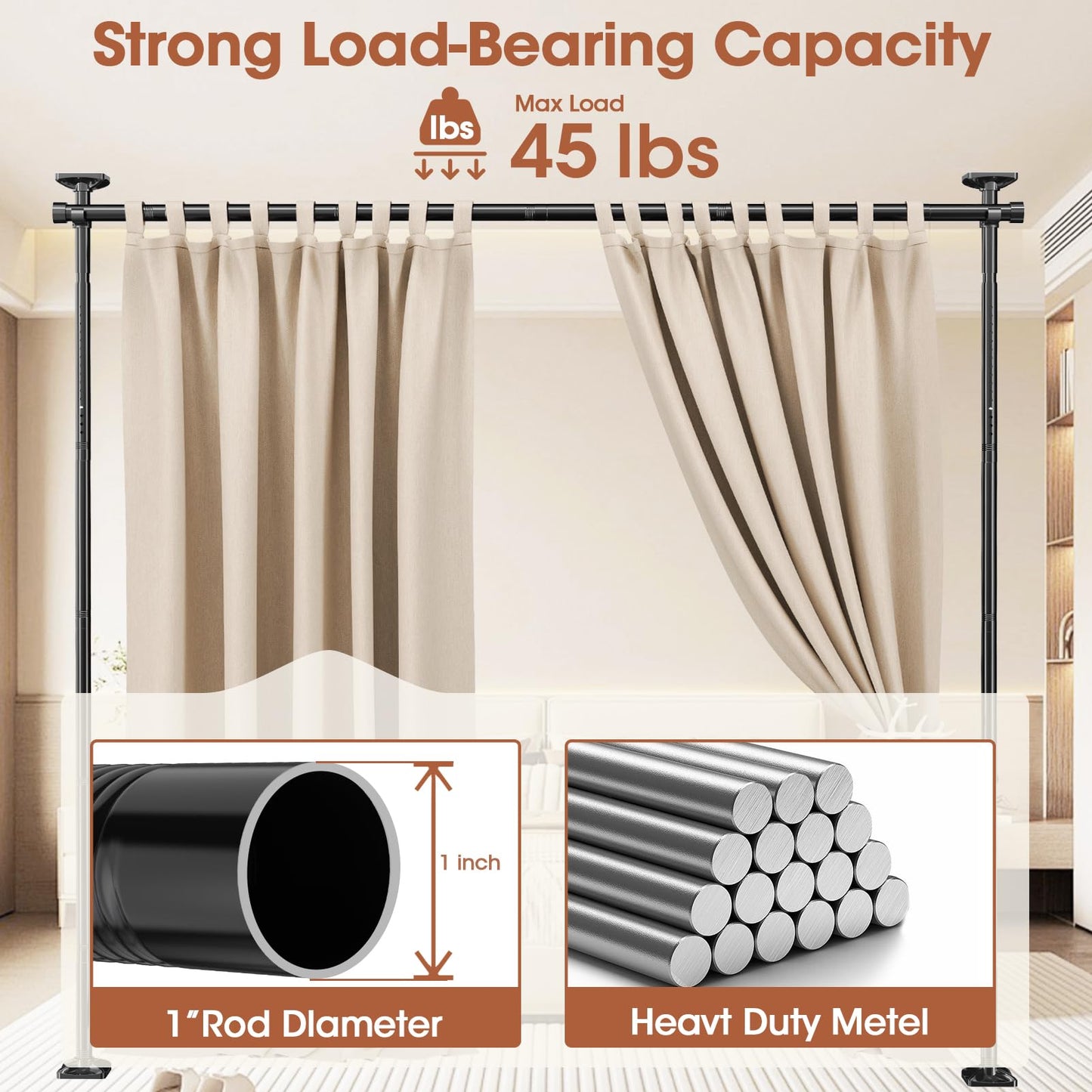 SUNALLY Room Divider No Drilling Curtain Rod Wall Divider for Room Separation, 4-10ft(H) 28-114inch(W) Adjustable, Heavy Duty Partition Space Separator Freestanding Tension Curtain Stand, Black