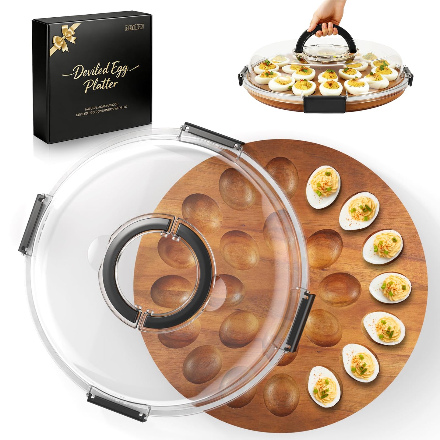 Renmxj Deviled Egg Containers with Lid (24 Eggs), 2026 Upgraded Acacia Wooden Deviled Egg Tray Platter for Party and Home Kitchen, The Lid is Dishwasher Safe (Black)