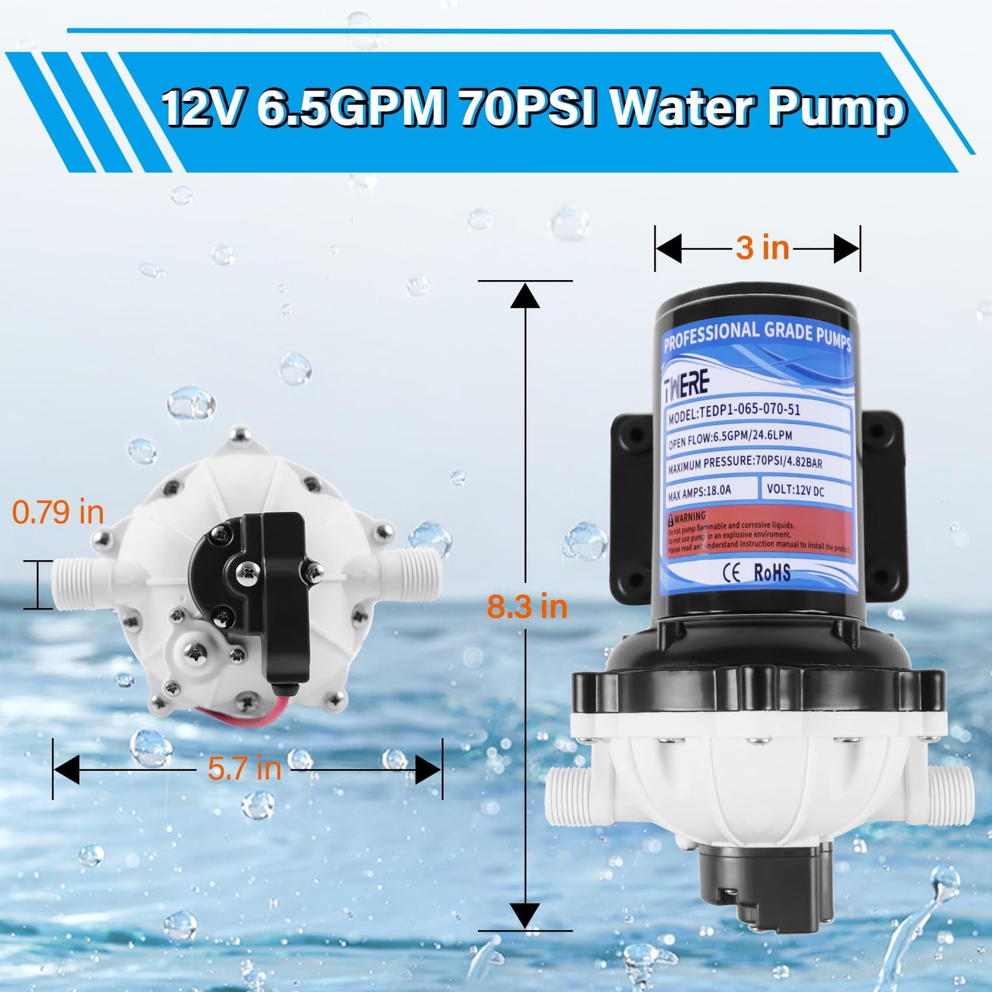12V Pump,6.5GPM,70Psi Diaphragm Water Pump,Self Priming Up to 10 Feet,Ideal for RV,Marine,Yacht Sprayer and Pressure Washing-1/2 MNPT Connection
