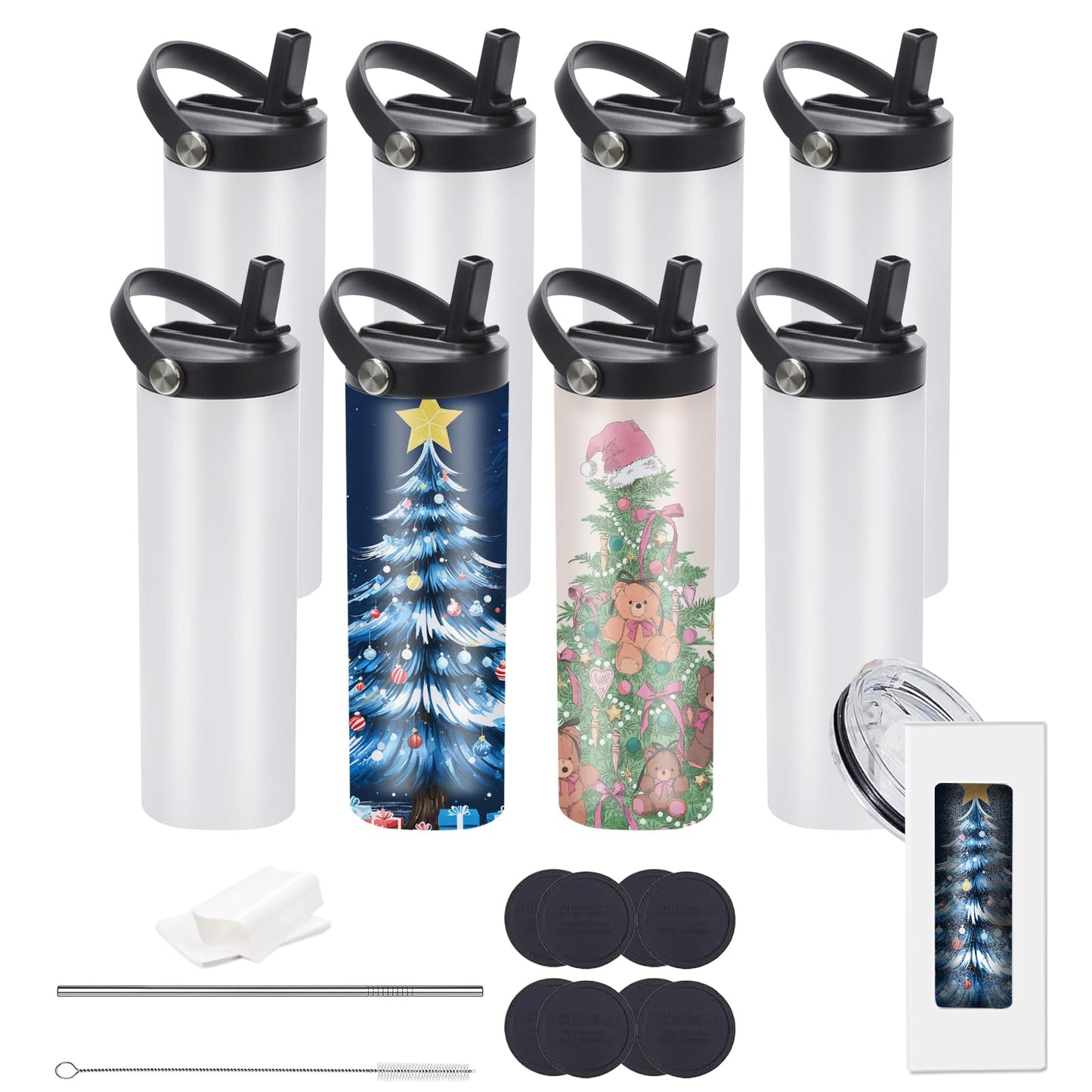Stvyar 20oz sublimation sport tumblers blanks with two lids ，flat edge sublimation tumblers，double wall stainless steel insulted cup，for Heat Transfer, White (8, with flex handle lid)