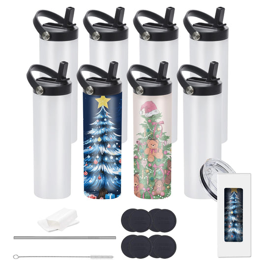 Stvyar 20oz sublimation sport tumblers blanks with two lids ，flat edge sublimation tumblers，double wall stainless steel insulted cup，for Heat Transfer, White (8, with flex handle lid)