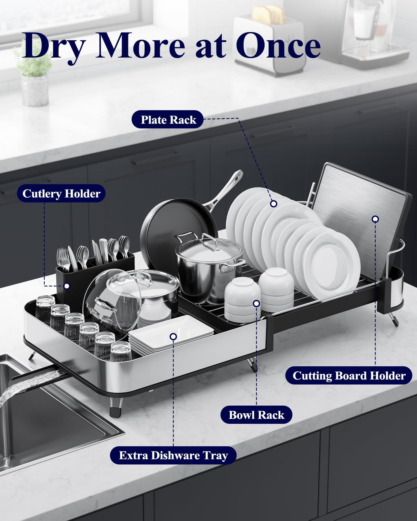 Kitsure Dish Drying Rack - Expandable Stainless Steel Dish Racks for Kitchen Counter, Auto-Drain Drying Rack for Kitchen with Cutlery Holder & Non-Slip Feet, 16.1-26.6" L x 12.6" W, Black