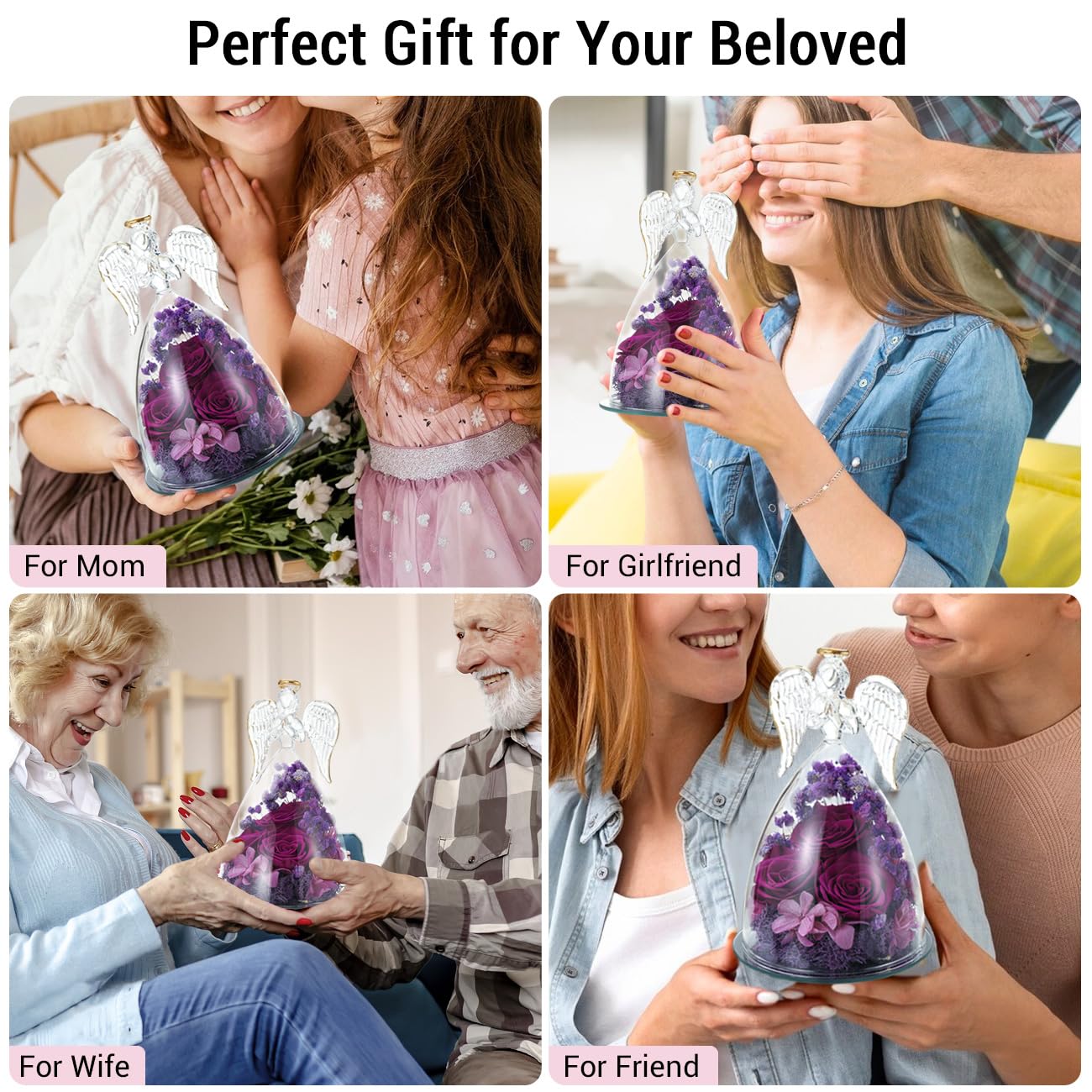 Emibele Mother's Day Angel Rose Gifts for Mom Grandma, Preserved Real Rose in Glass Angel Figurines, Eternal Flower Rose Gifts for Women on Birthday Valentines Anniversary Thanksgiving, Purple