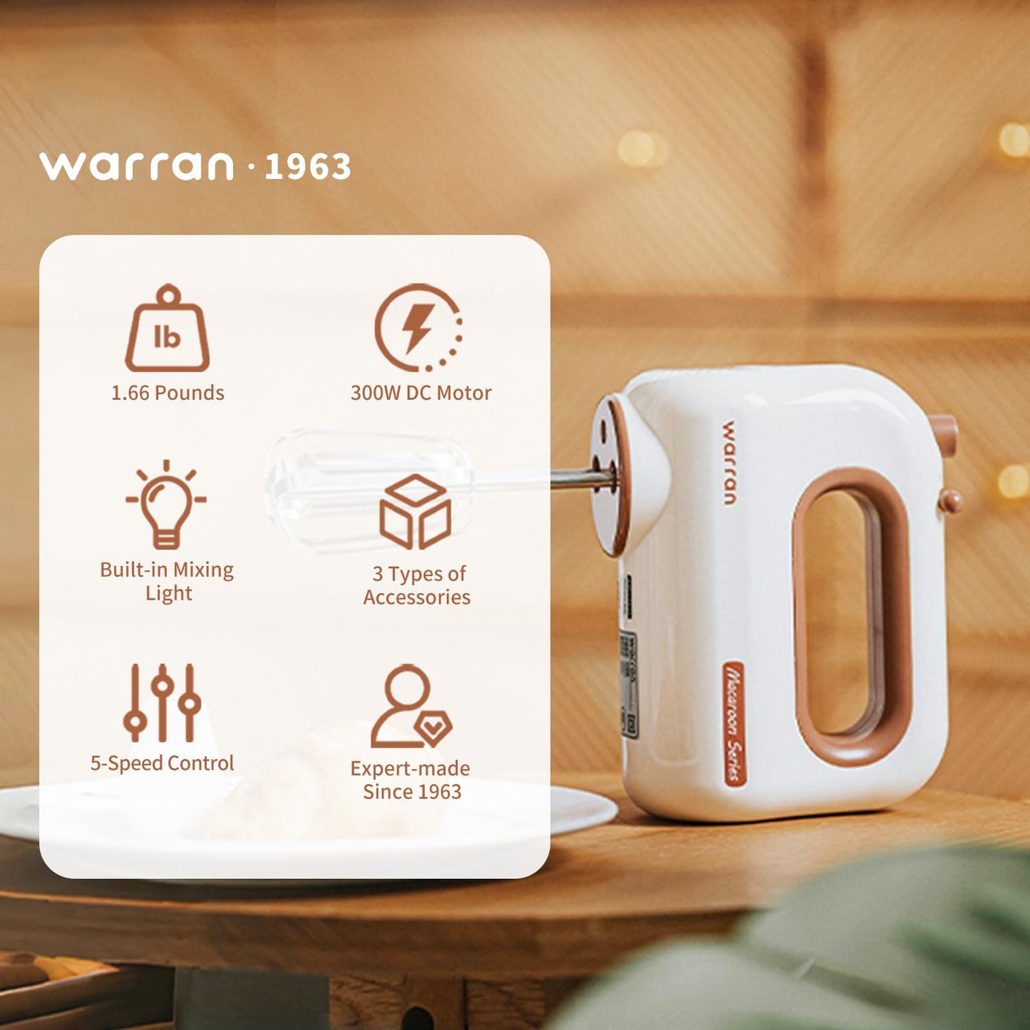 warran 300W Compact Lightweight Electric Hand Mixer, with Powerful Quiet DC Motor for Baking, Cake, Brownies, Cookie Dough, Ideal for Home Kitchen (White)