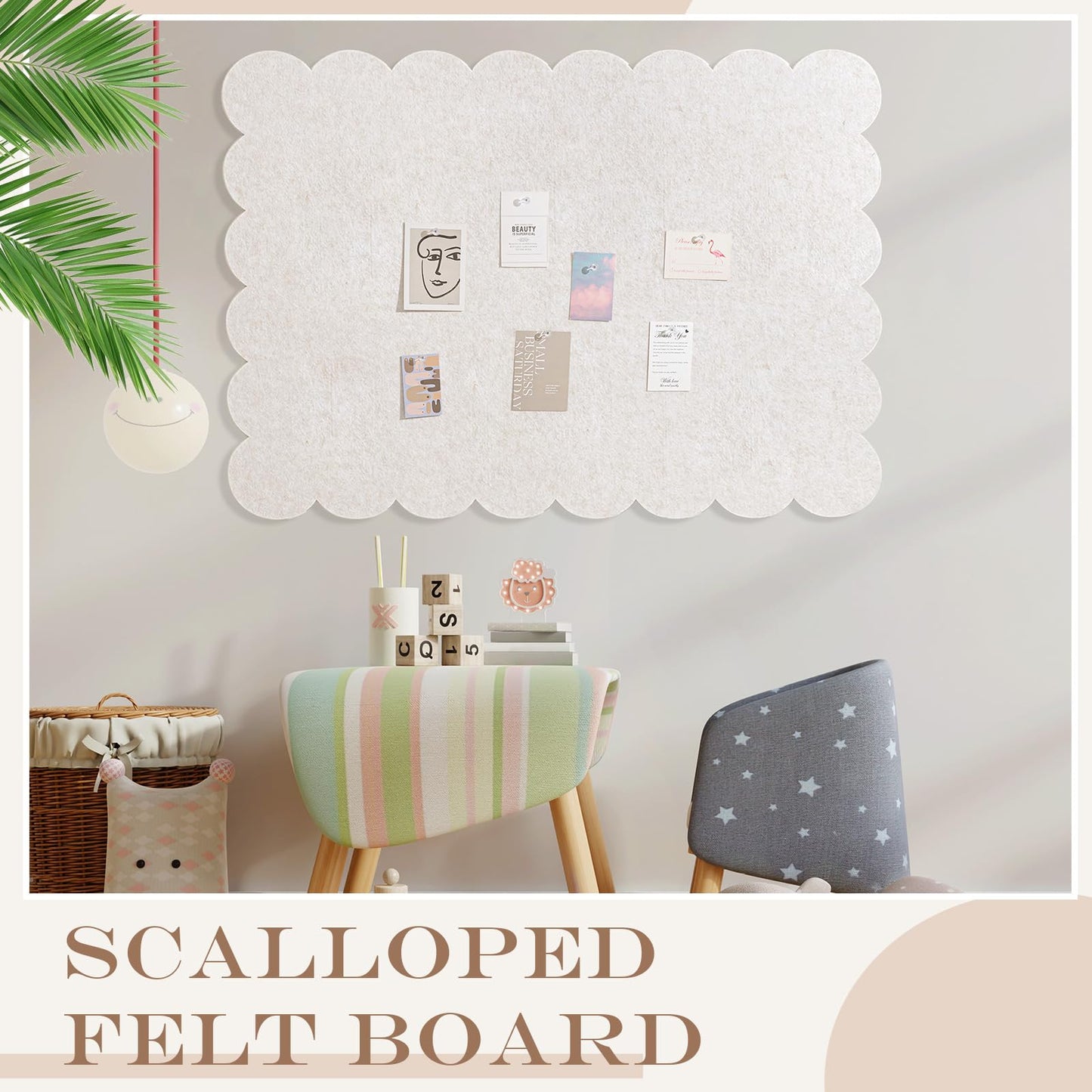Mooliwe Scalloped Felt Bulletin Board 48 x 36 Inches Foldable Beige Pin Cork Board Alternative for Wall, 4' x 3' Trifold Picture Vision Self Adhesive Bulletin Decorative