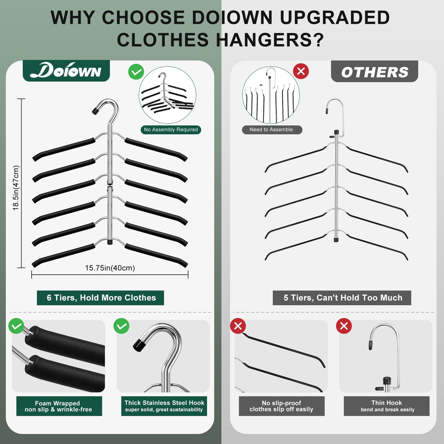DOIOWN Clothes Hangers Space Saving: 6 Tier Coat Hanger Space Saving Hangers Non Slip Foam Padded Hanger, 3 Pack Black Metal Sweater T Shirt Hangers for Men Women, Closet Organizers and Storage