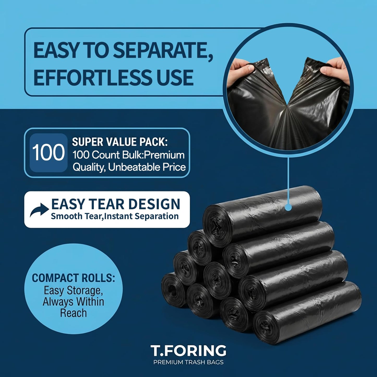 T.FORING 30-35 Gallon Trash Bags Heavy Duty 1.5 Mil - 31" x 39" 100 Count Large Black Garbage Bags 30+ Gallon Strong Plastic Trash Can Liners for Home Kitchen Commercial Lawn and Leaf