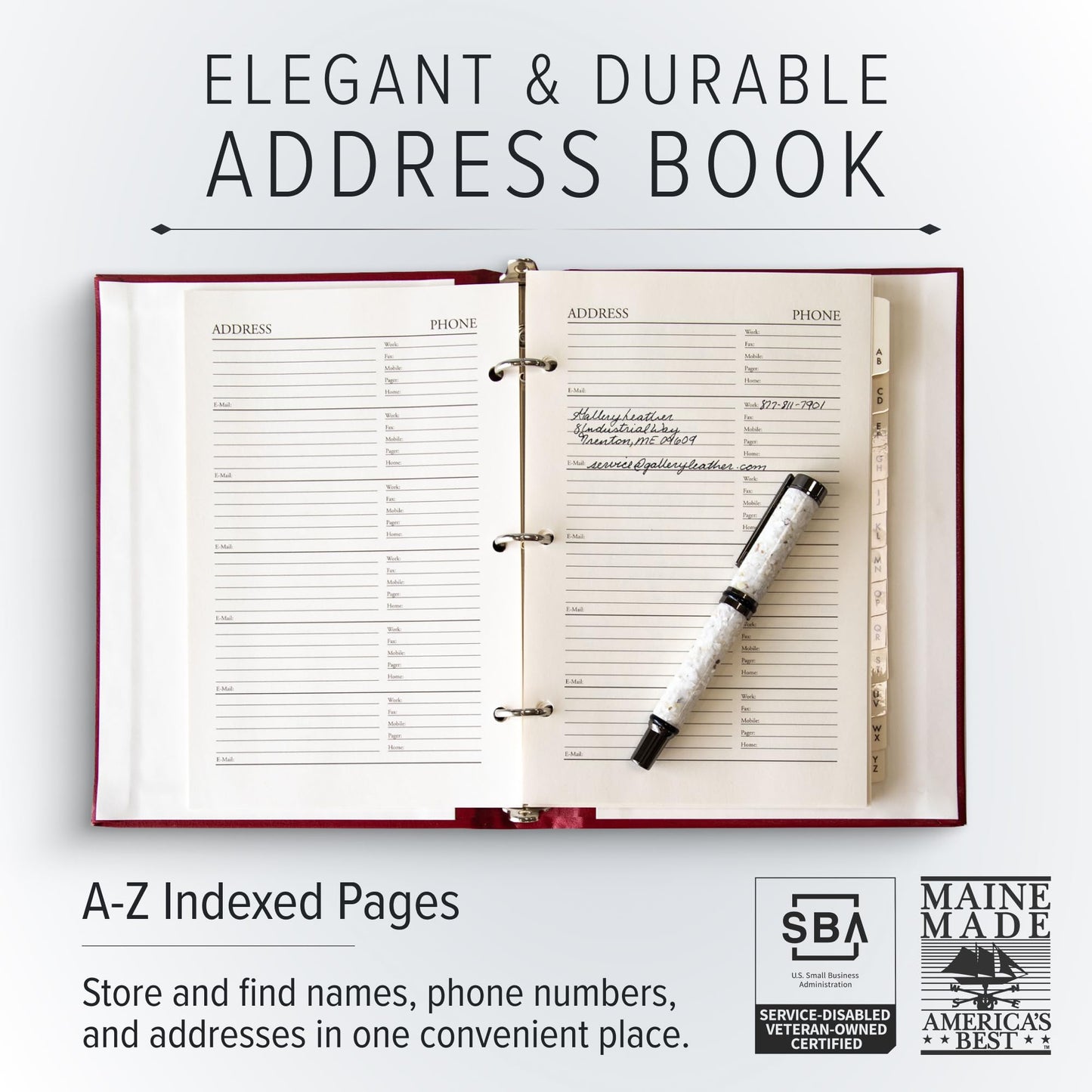 Gallery Leather Large Address Book with Alphabetical Tabs up to 480 records, Leather Notebook Hardcover, Telephone and Address Books - 9x7, Desk Address, Acadia Tan