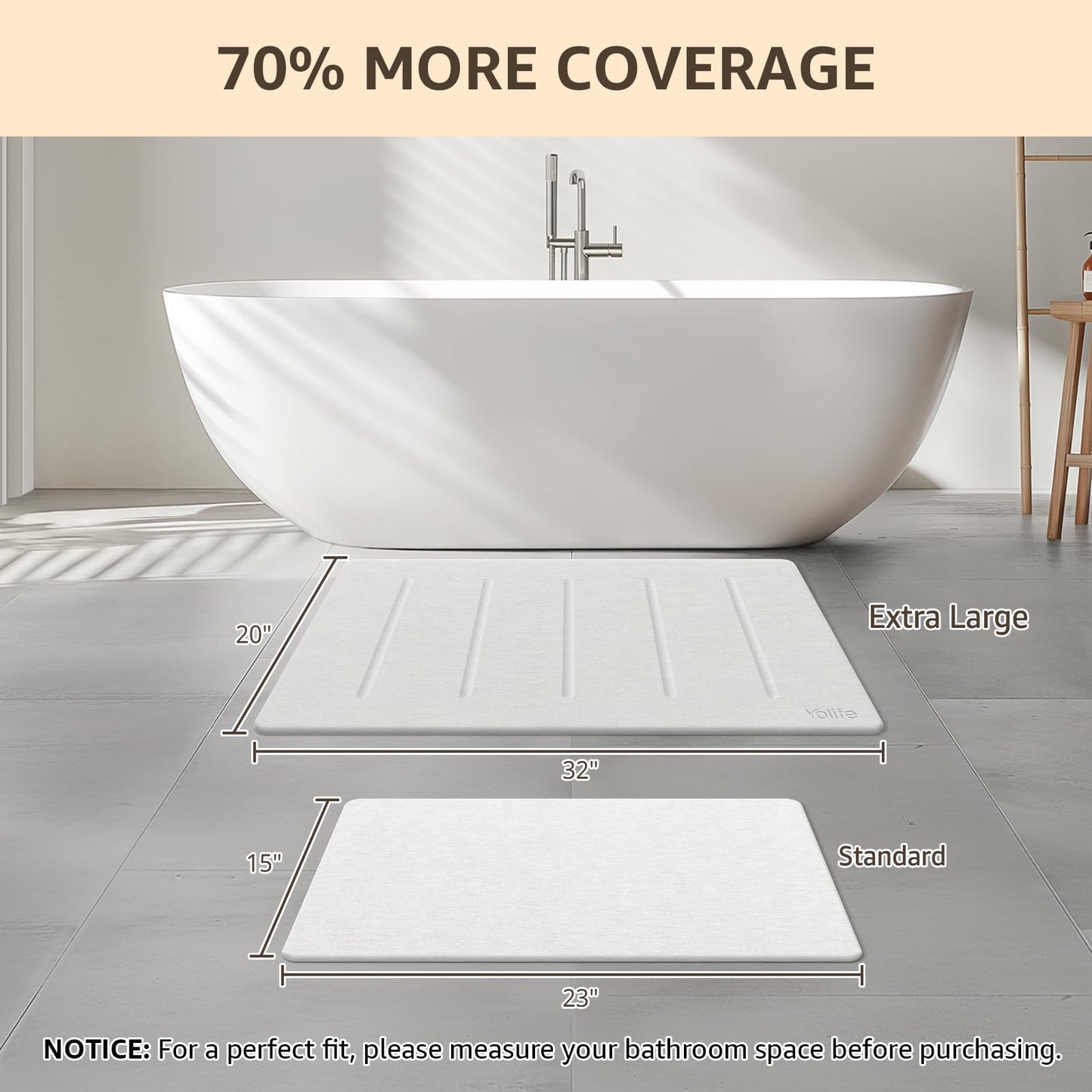 Yolife Stone Bath Mat Large, 32" x 20" Diatomaceous Earth Bath Mat for Bathroom, Super Absorbent Quick Drying Bathroom Stone Mat, Non-Slip Diatomite Shower Mat, Easy to Clean (White Grey)