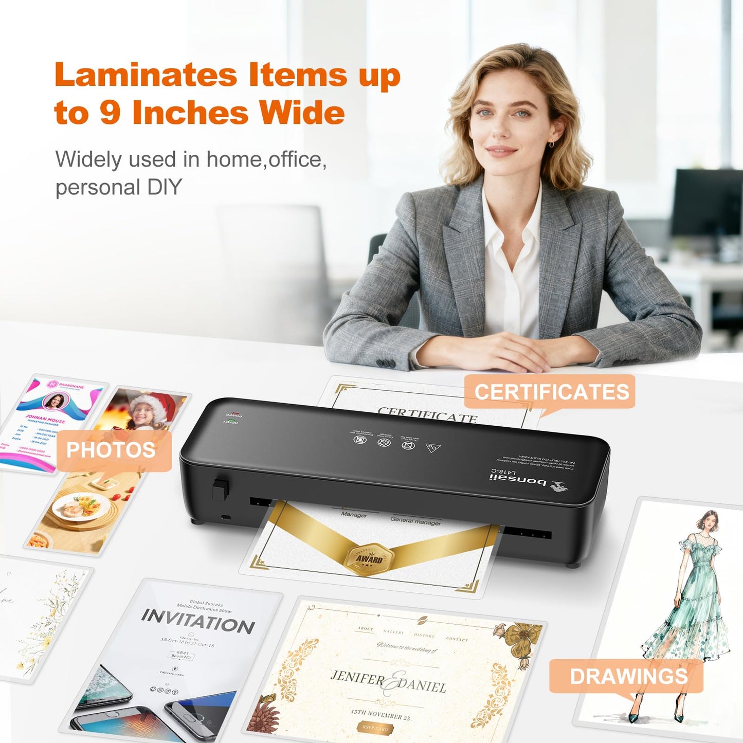 Bonsaii Laminator, 9 Inch 4 in-1 Thermal Laminator Machine Never Jam Technology with 40 Laminting Sheets, Paper Cutter, Corner Rounder for Home Office School Business