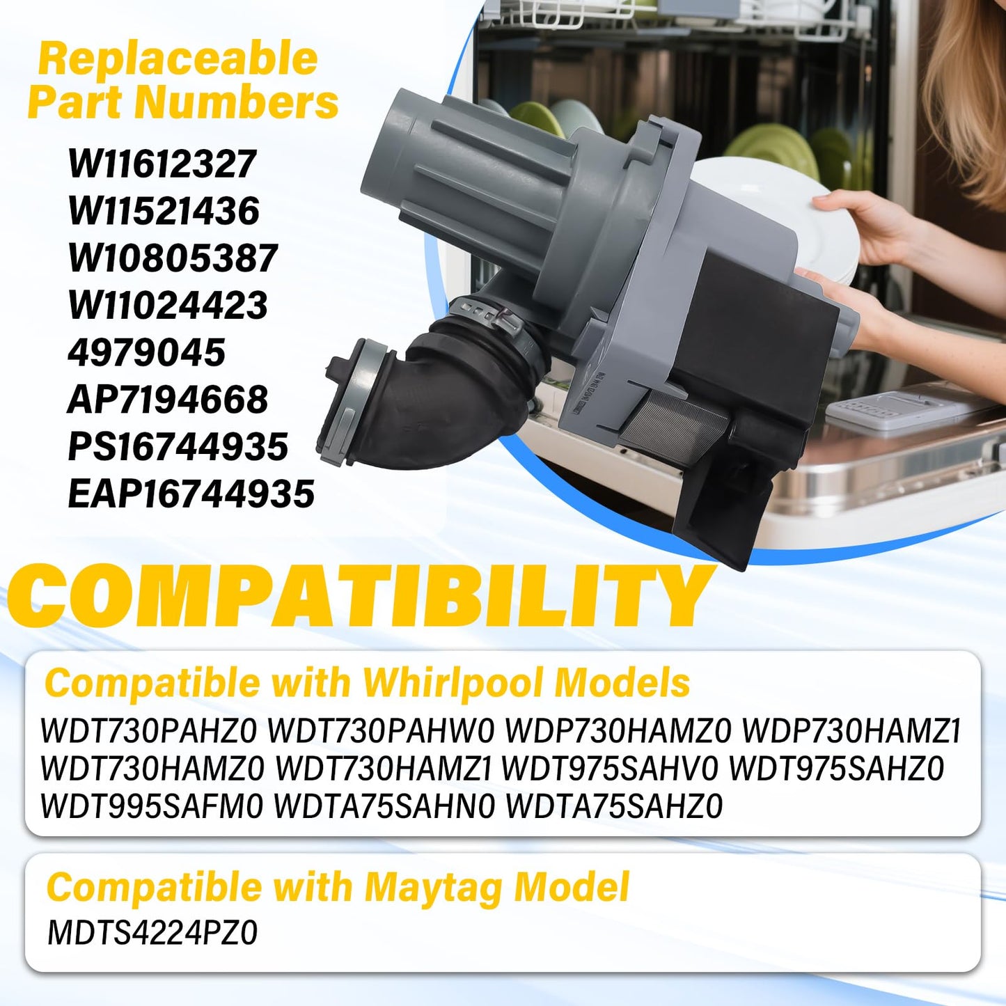 W11612327 Dishwasher Circulation Pump Motor Compatible with Whirlpool WDT730PAHZ0 WDT975SAHZ0 WDP730HAMZ0 WDTA75SAHZ0 Compatible with Maytag MDTS4224PZ0, Replacement part W11521436 W11024423 W10805387