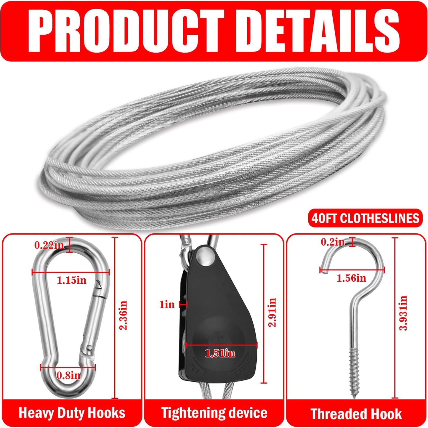 VIVBOO 40ft Clothes Line Outdoors 3/16" Wire Ropes Silver PVC Coating Laundry Drying Clothesline Retractor with Metal Hooks Heavy Duty for Umbrella Travel Outside Camping Backyard