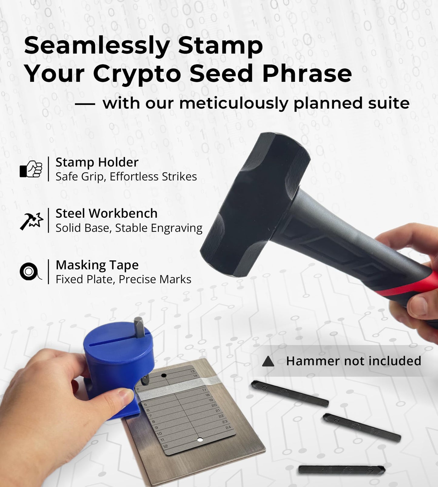 CREVIK Crypto Seed Phrase Storage - Titanium Seed Phrase Plate and Stamp Set - Offline Cold Wallet for Bitcoin Ethereum for 12-24 Words BIP39 Compatible Wallets (Ledger, Metamask & More)