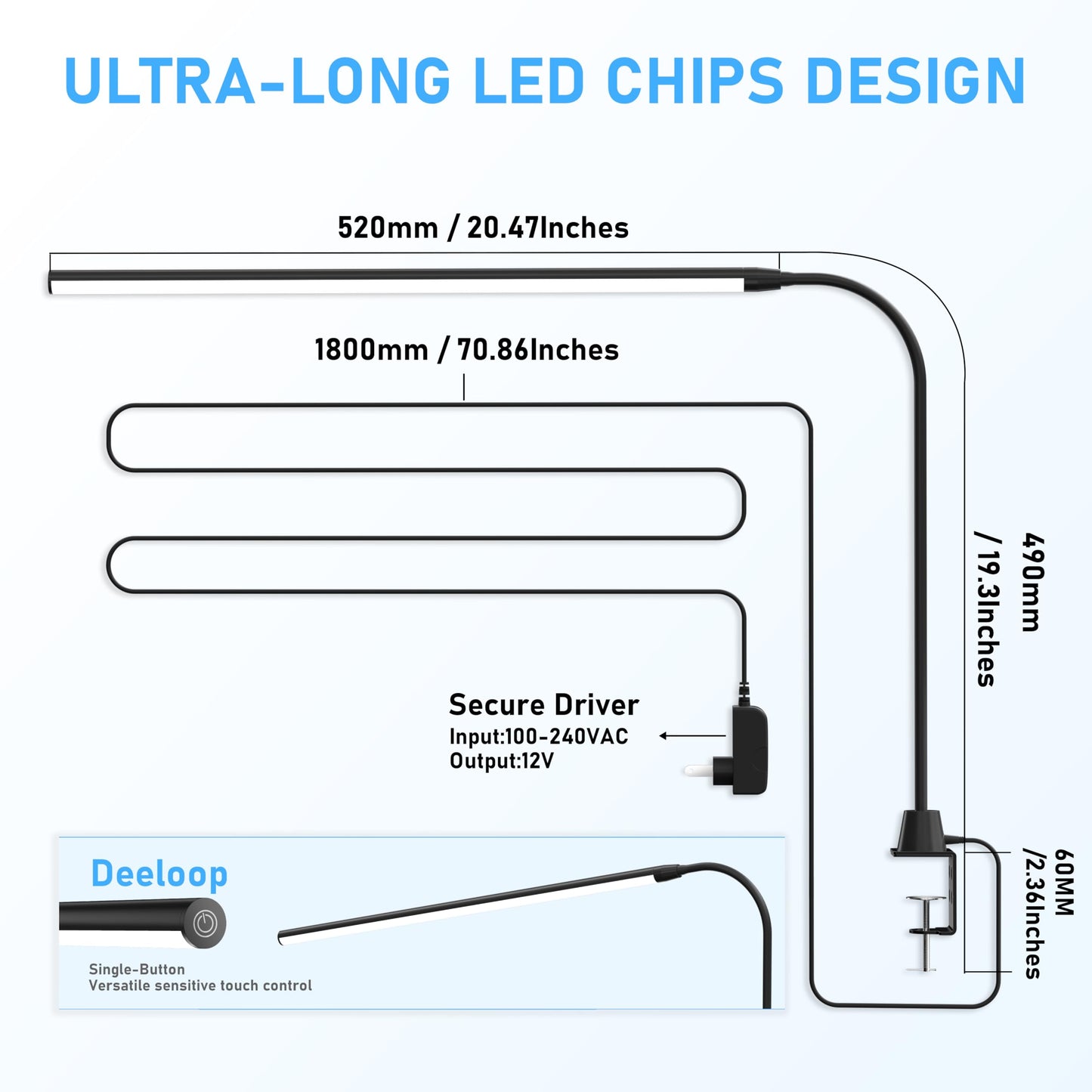 deeloop LED Clip-on Reading Light, 20" Ultra-Long Chips Bright Desk Lamp, 10%-100% Stepless Dimming & 3 Color Modes Office Lamp with 360 Gooseneck Memory Function Clamp Light