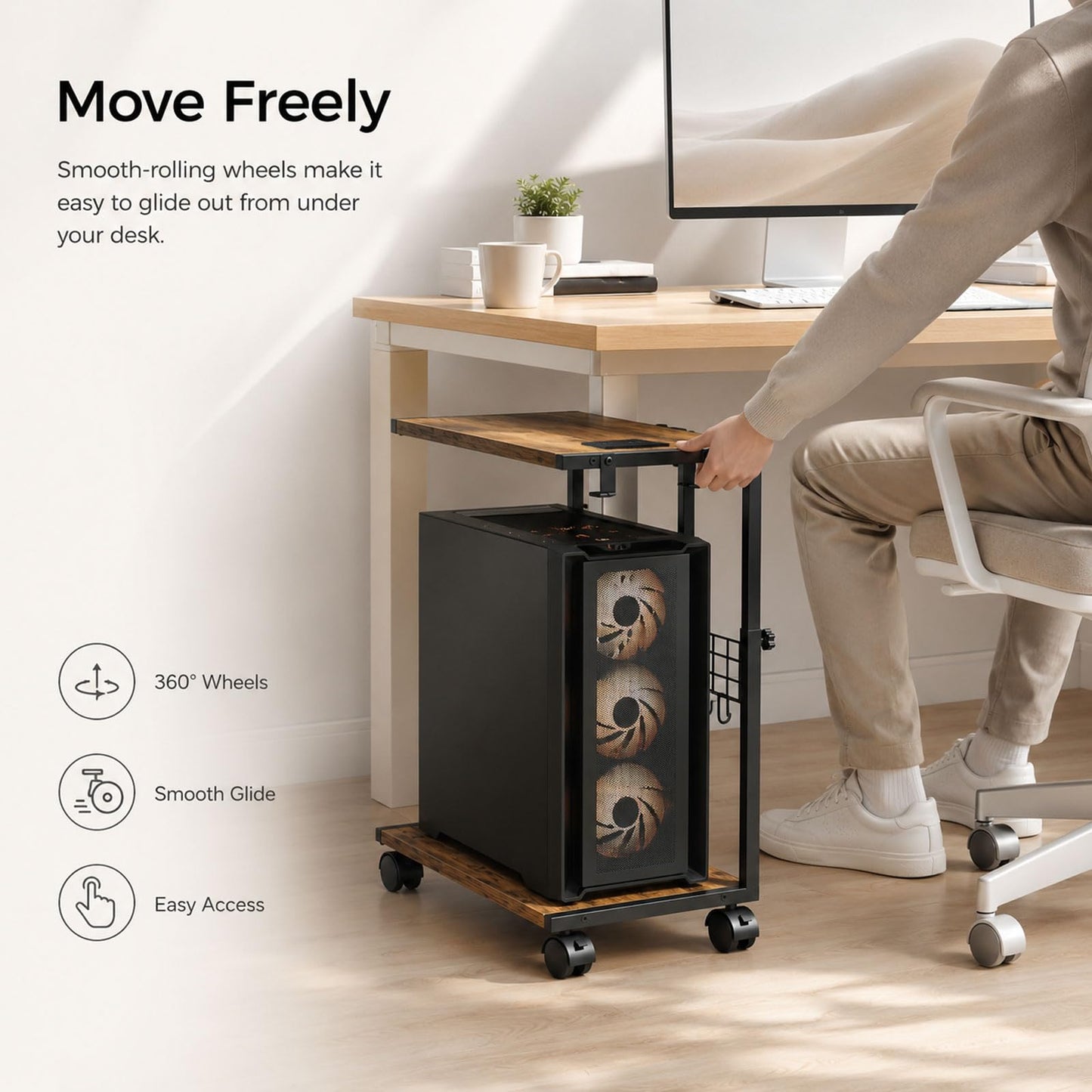 ZIIWIND PC Stand with Charging Station, Height Adjustable Computer Tower Stand, 19.7"-31.5" H, Computer Cart with Wheels and Hooks, CPU Holder for Floor, Carpet and Under Desk, Rustic Brown