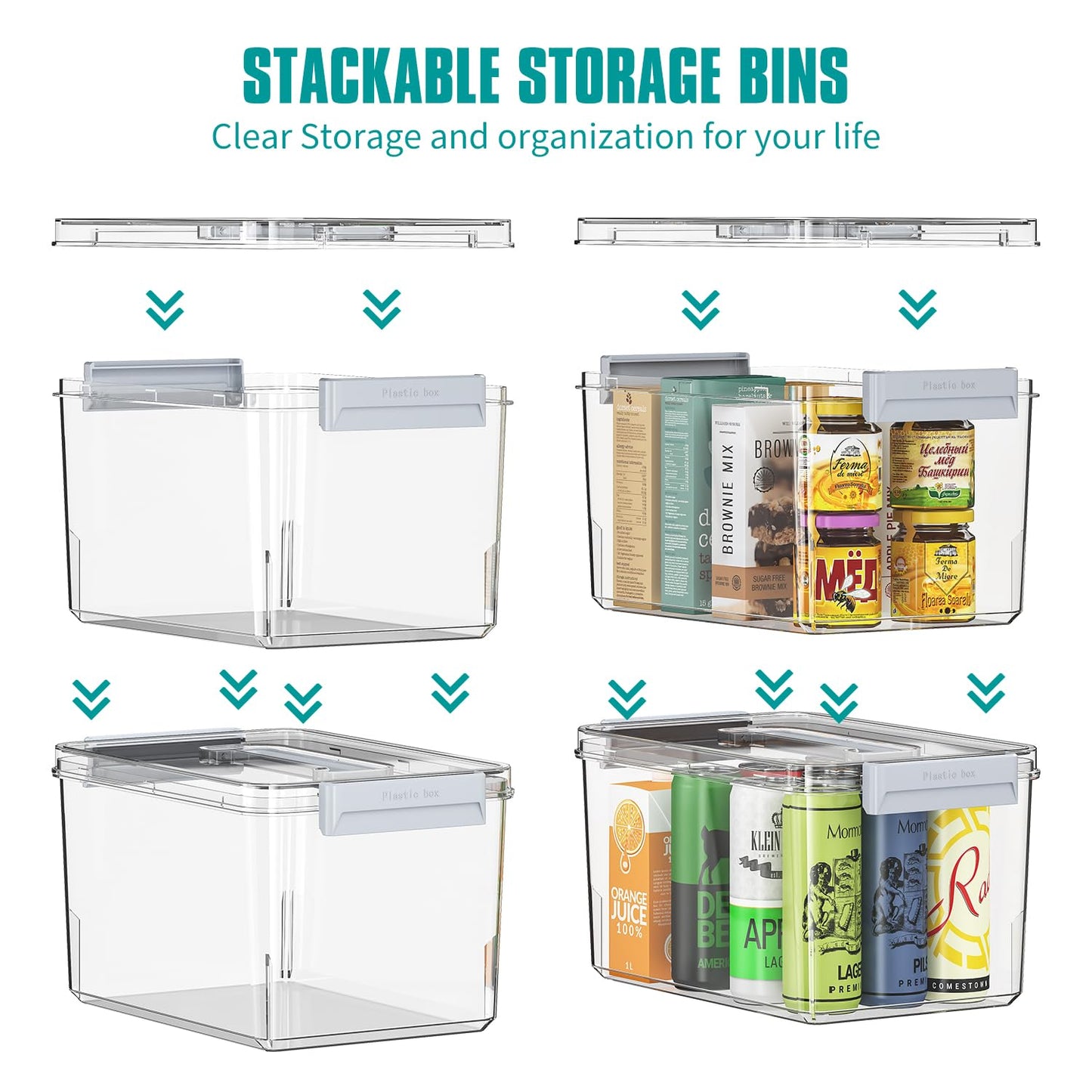 MAGDESIGNER Plastic Storage Bins with Lids Stackable organization and Storage Containers for Organizing Snacks, Crafts, Tools Clear Storage Box with Latching handle(Clear, 2PCS-4.5QT 2PCS-8.5QT)