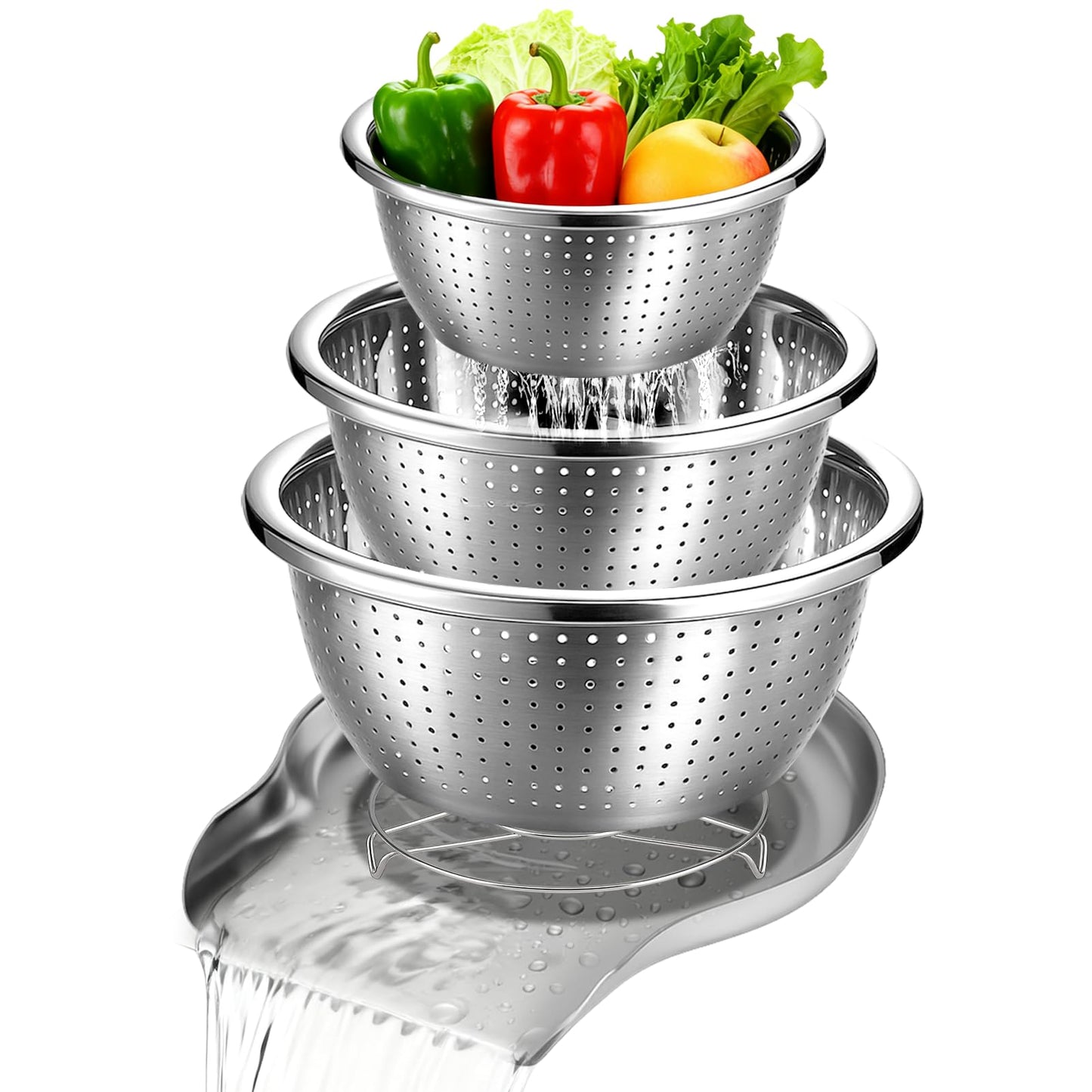 Palksky Stainless Steel Colander Set with Self-Draining Base, 3 Sizes Colanders & Food Strainers for Pasta, Rice, Fruits & Veggies, Metal Colander with Draining Plate for Sink or Countertop