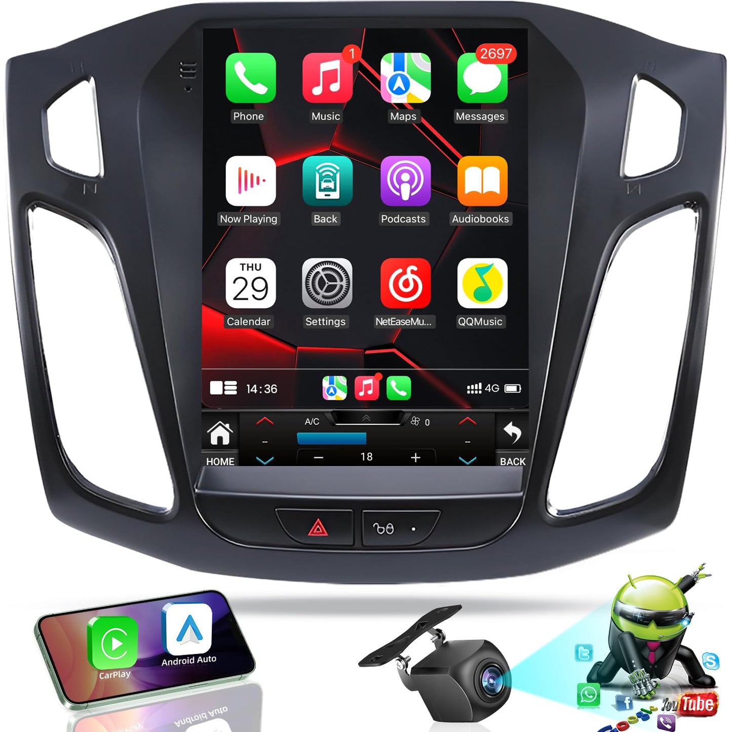 10.4 inches Android12 Car Stereo Ford Focus Radio Upgrade 2012-2018 with Touch Screen 1024 * 768 RDS Auto with GPS Bluetooth 5GWiFi Backup Camera