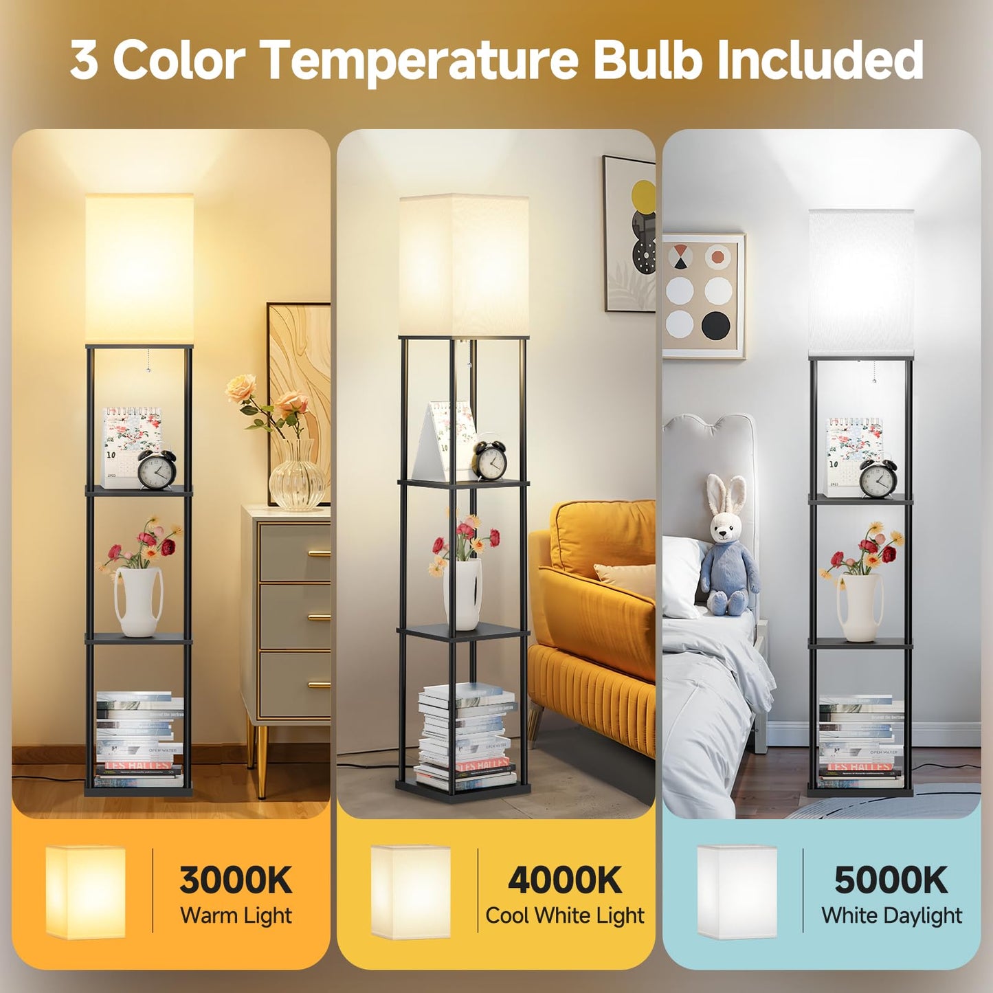 SHINE HAI Floor Lamps with Shelves for Living Room, 3-Tier Square Modern Standing Lamp with 3CCT Bulb, 11W 950LM Brightness, Tall Shelf Lamp for Bedroom, Office, Bookshelf & Display Organizer